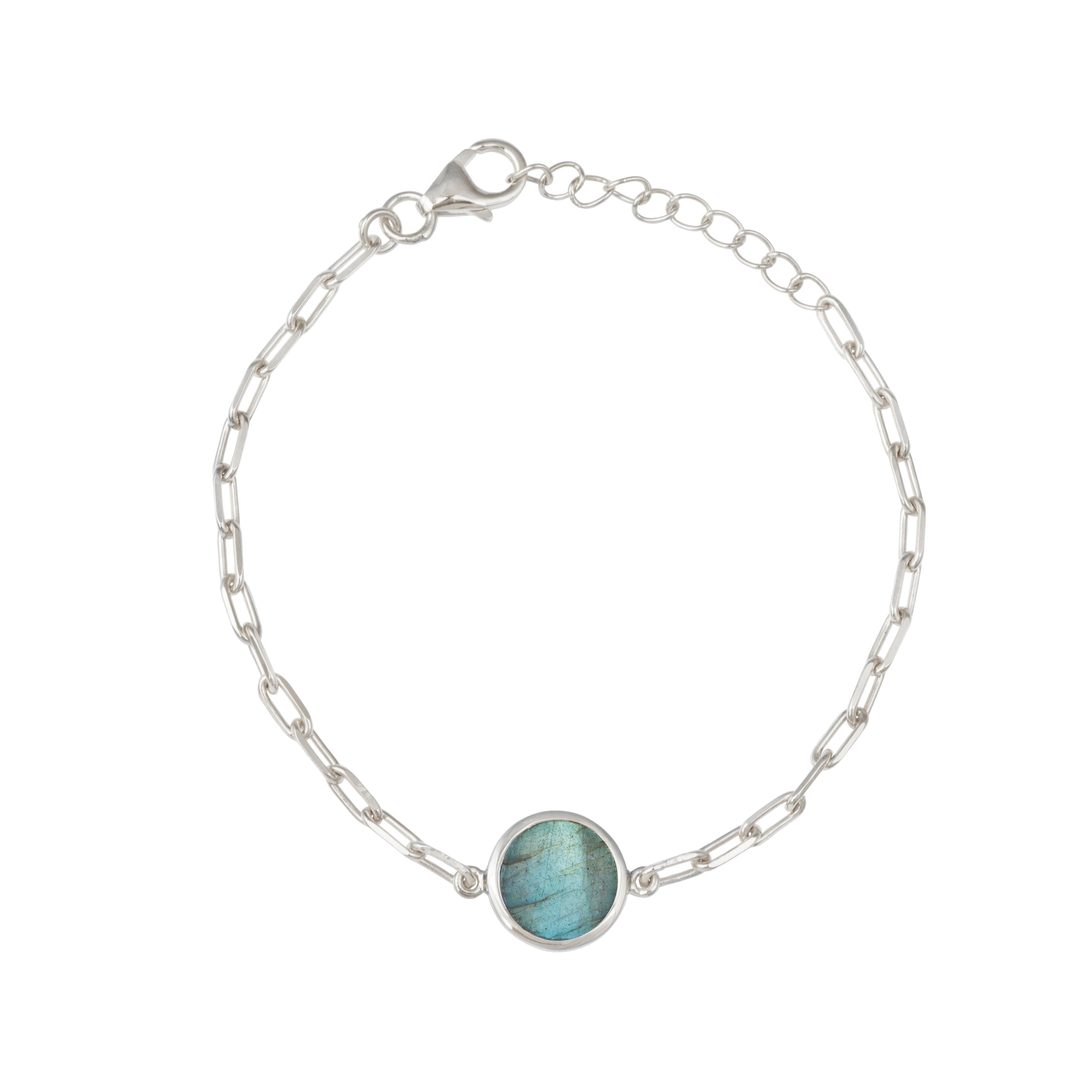 Sterling Silver Paperclip Link Chain Adjustable Bracelet with Round Labradorite Gemstone
