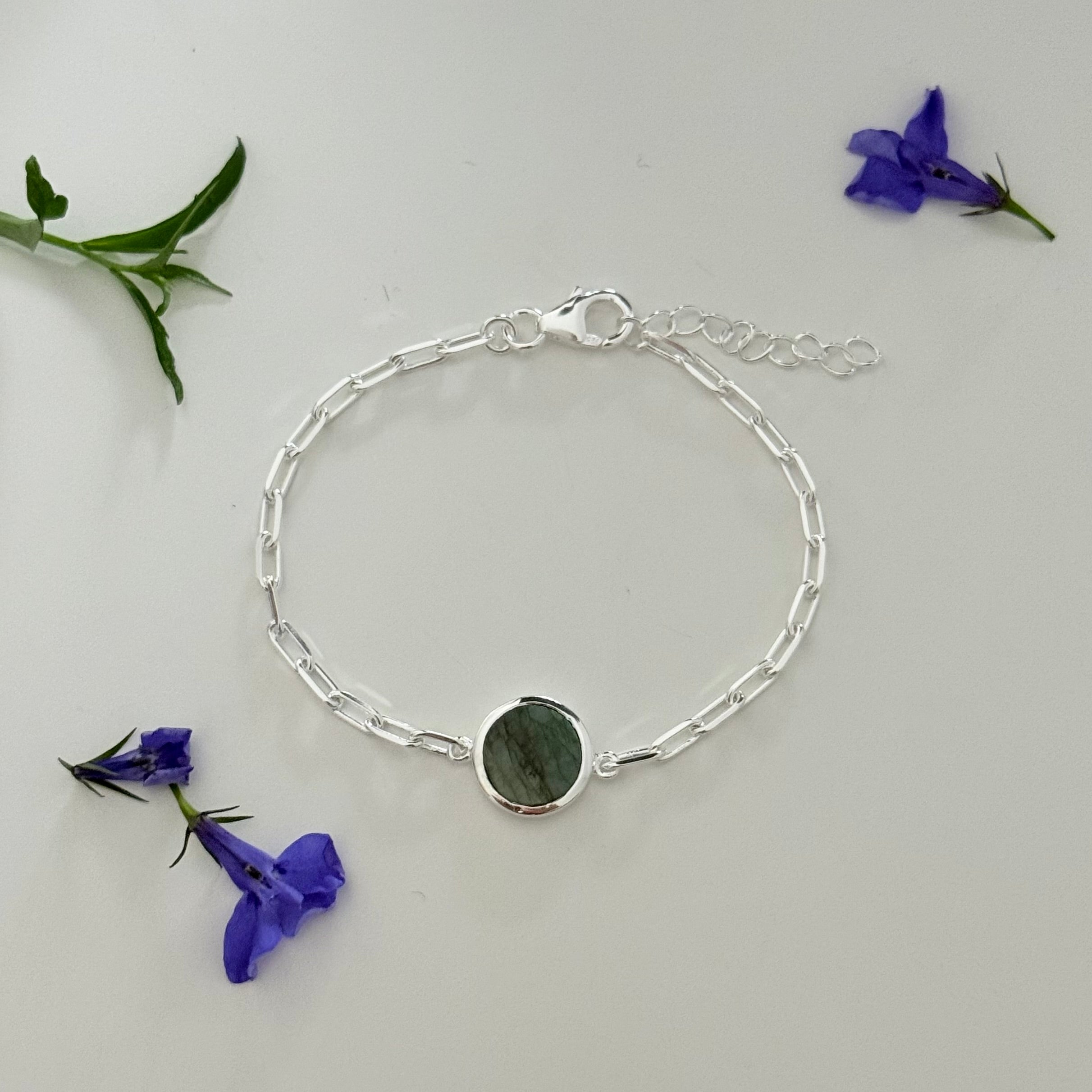 Sterling Silver Paperclip Link Chain Adjustable Bracelet with Round Labradorite Gemstone