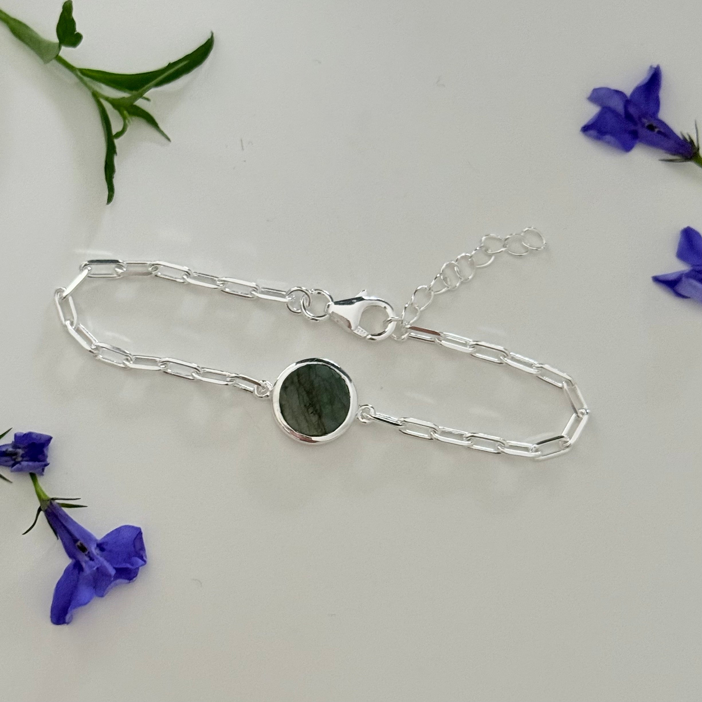 Sterling Silver Paperclip Link Chain Adjustable Bracelet with Round Labradorite Gemstone