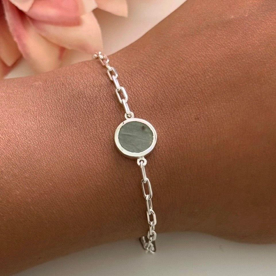 Sterling Silver Paperclip Link Chain Adjustable Bracelet with Round Labradorite Gemstone