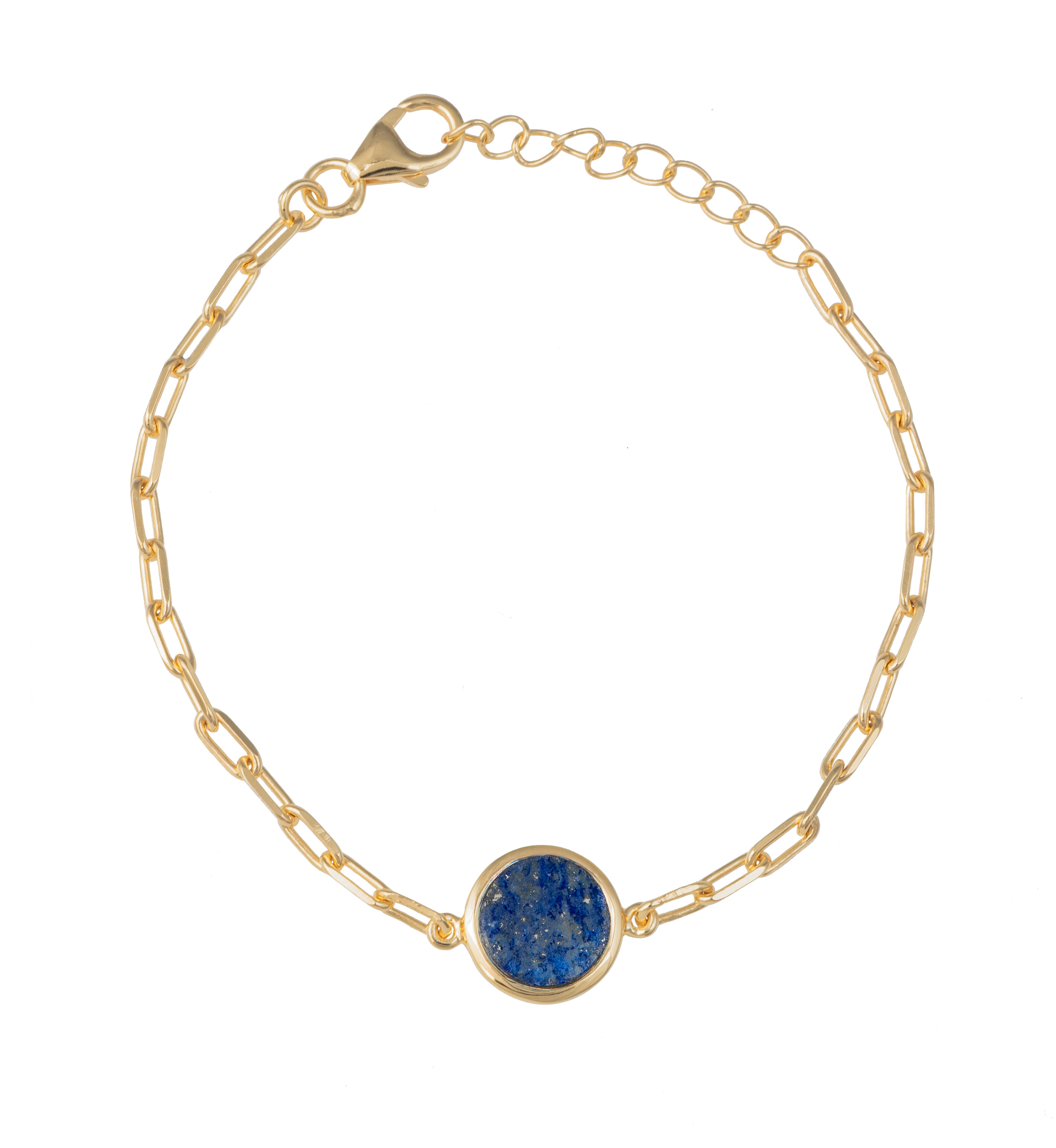 Vermeil Gold Paperclip Link Chain Adjustable Bracelet with Round Lapis Lazuli Gemstone