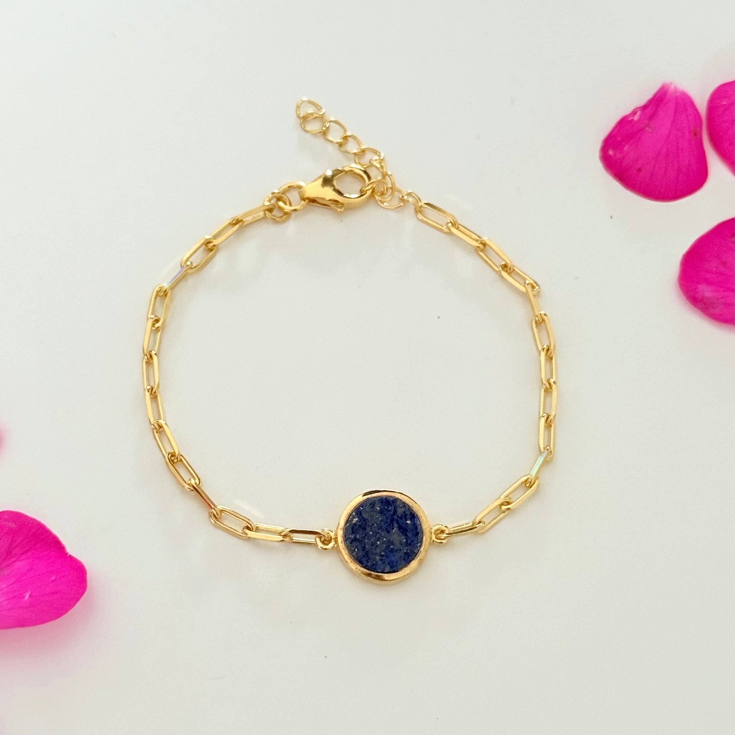 Vermeil Gold Paperclip Link Chain Adjustable Bracelet with Round Lapis Lazuli Gemstone