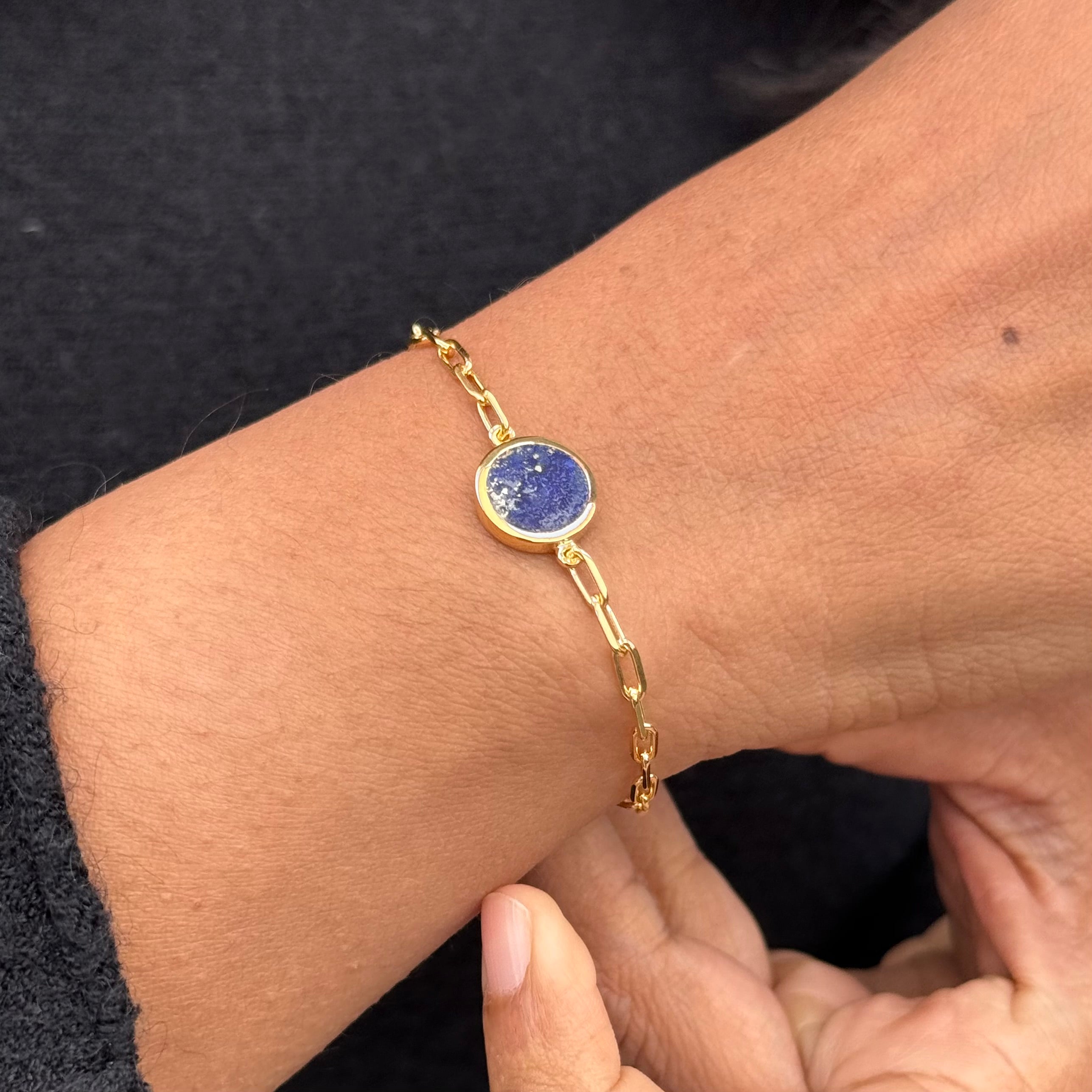 Vermeil Gold Paperclip Link Chain Adjustable Bracelet with Round Lapis Lazuli Gemstone
