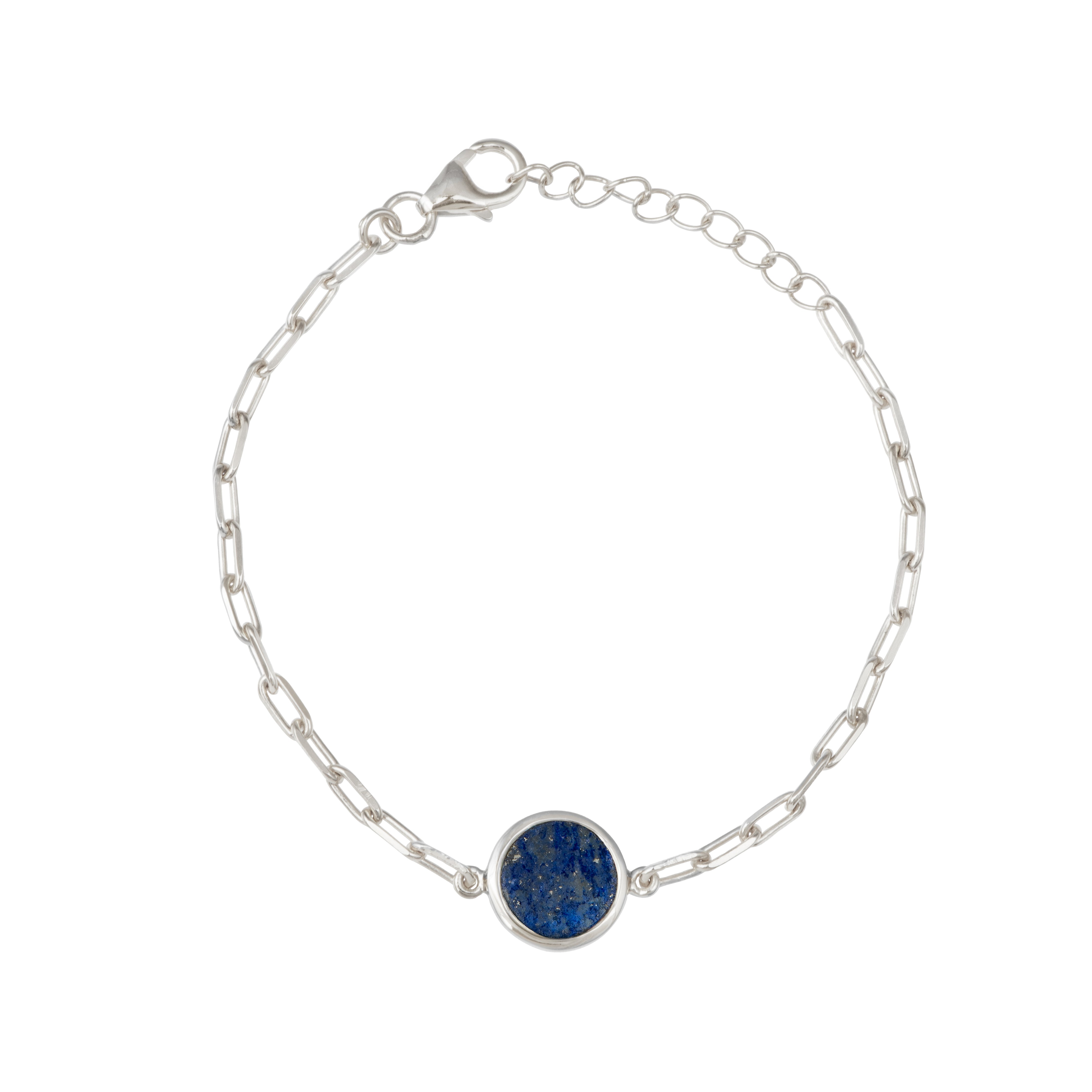 Sterling Silver Paperclip Link Chain Adjustable Bracelet with Round Lapis Lazuli Gemstone