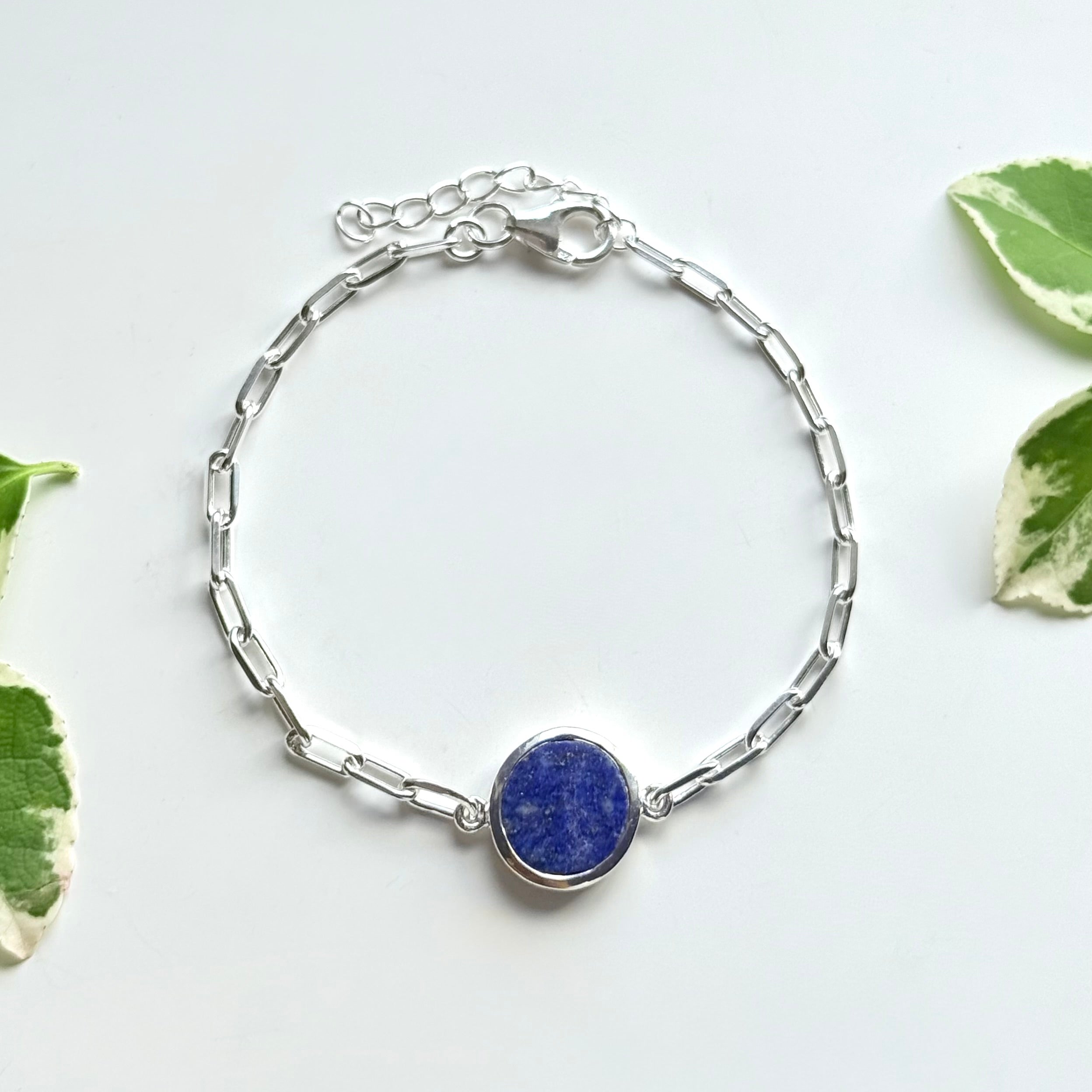 Sterling Silver Paperclip Link Chain Adjustable Bracelet with Round Lapis Lazuli Gemstone