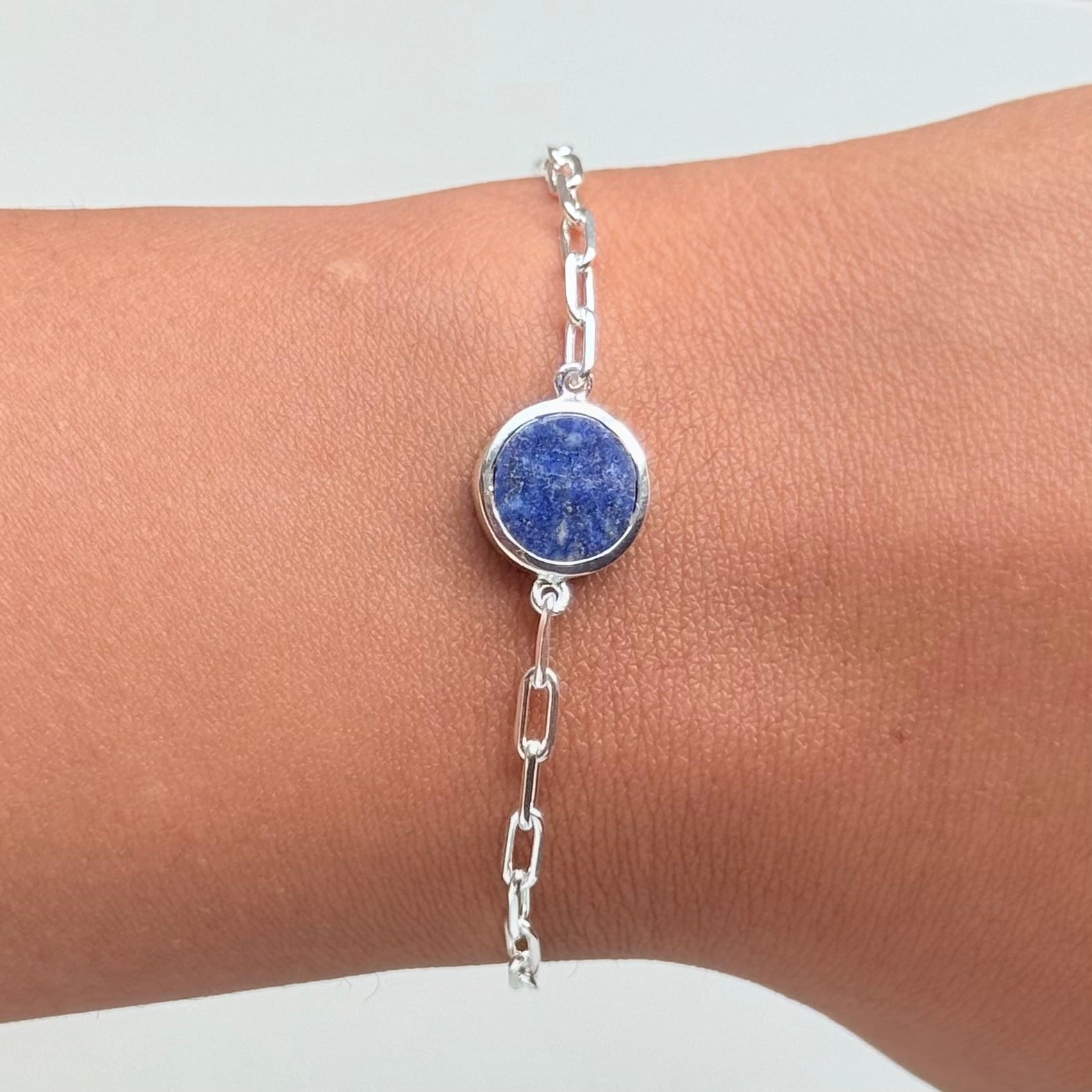 Sterling Silver Paperclip Link Chain Adjustable Bracelet with Round Lapis Lazuli Gemstone