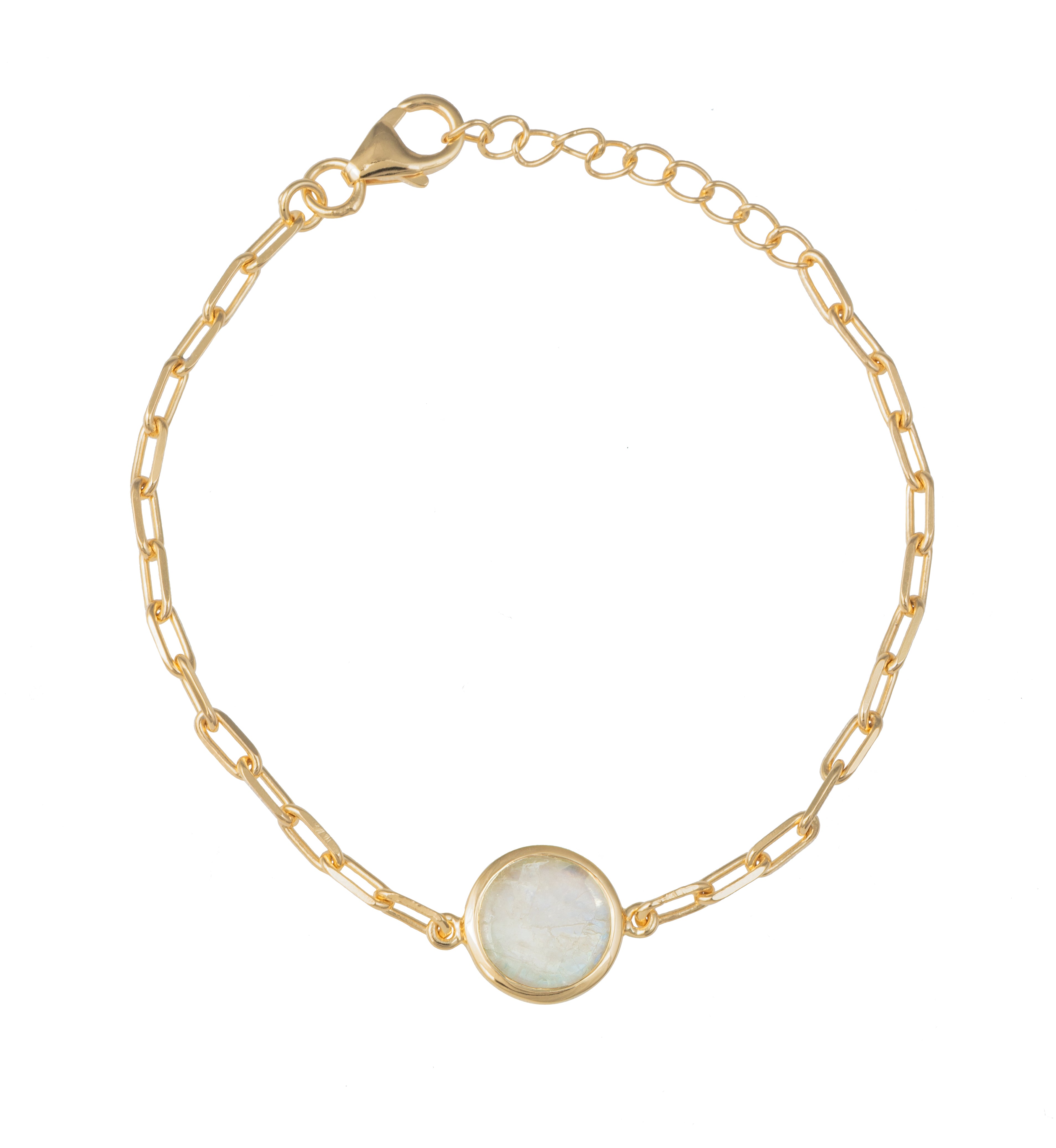 Vermeil Gold Paperclip Link Chain Adjustable Bracelet with Round Moonstone Gemstone