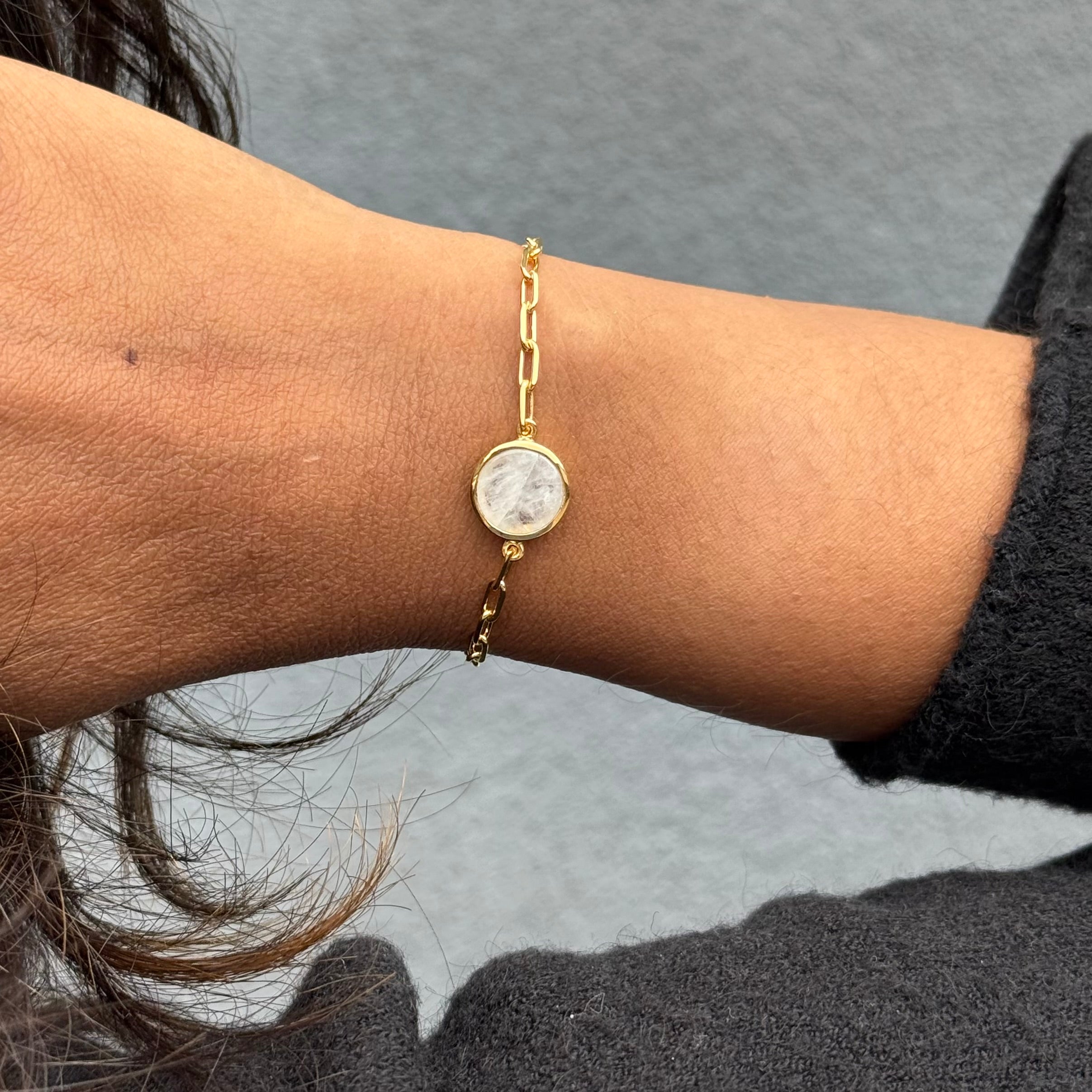 Vermeil Gold Paperclip Link Chain Adjustable Bracelet with Round Moonstone Gemstone