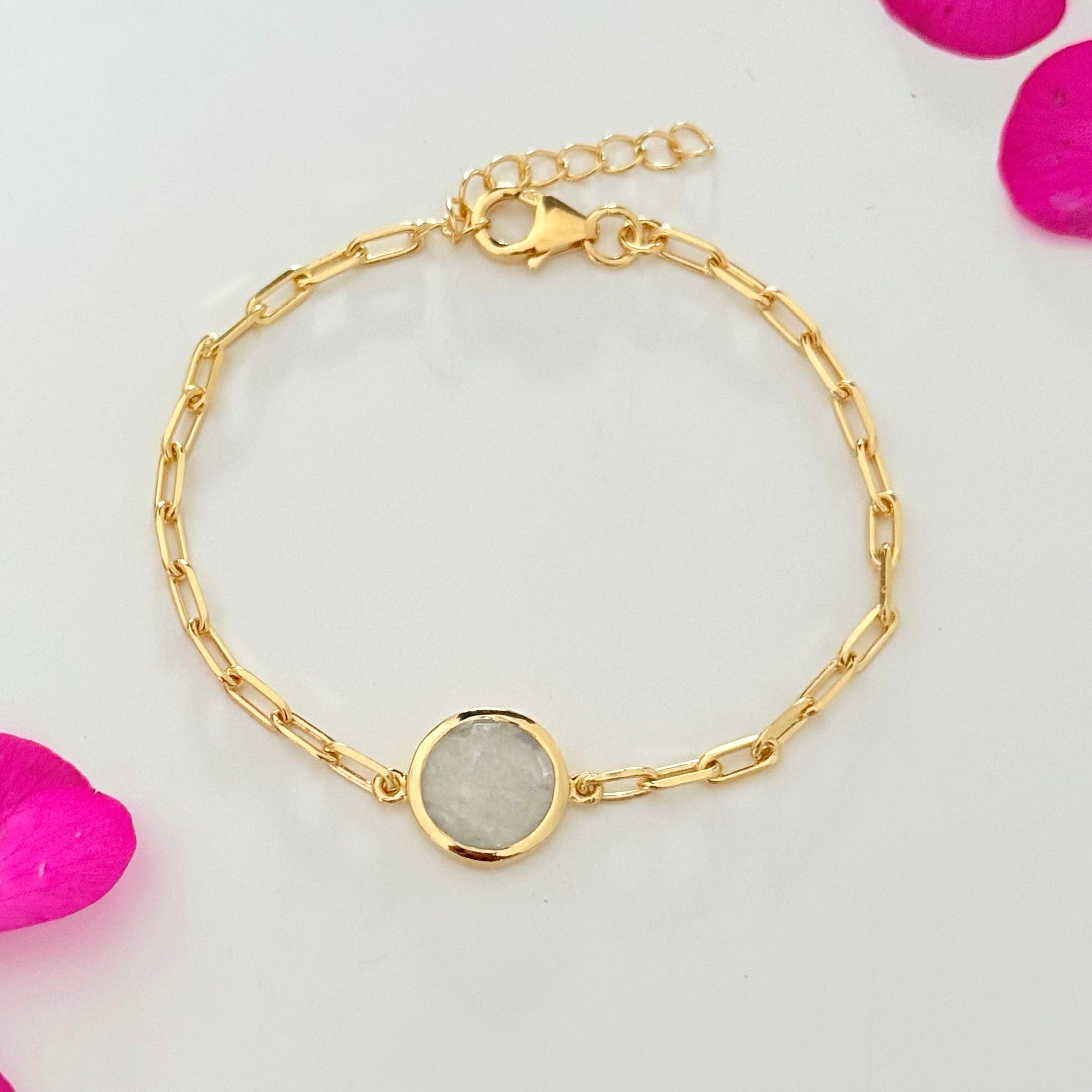 Vermeil Gold Paperclip Link Chain Adjustable Bracelet with Round Moonstone Gemstone