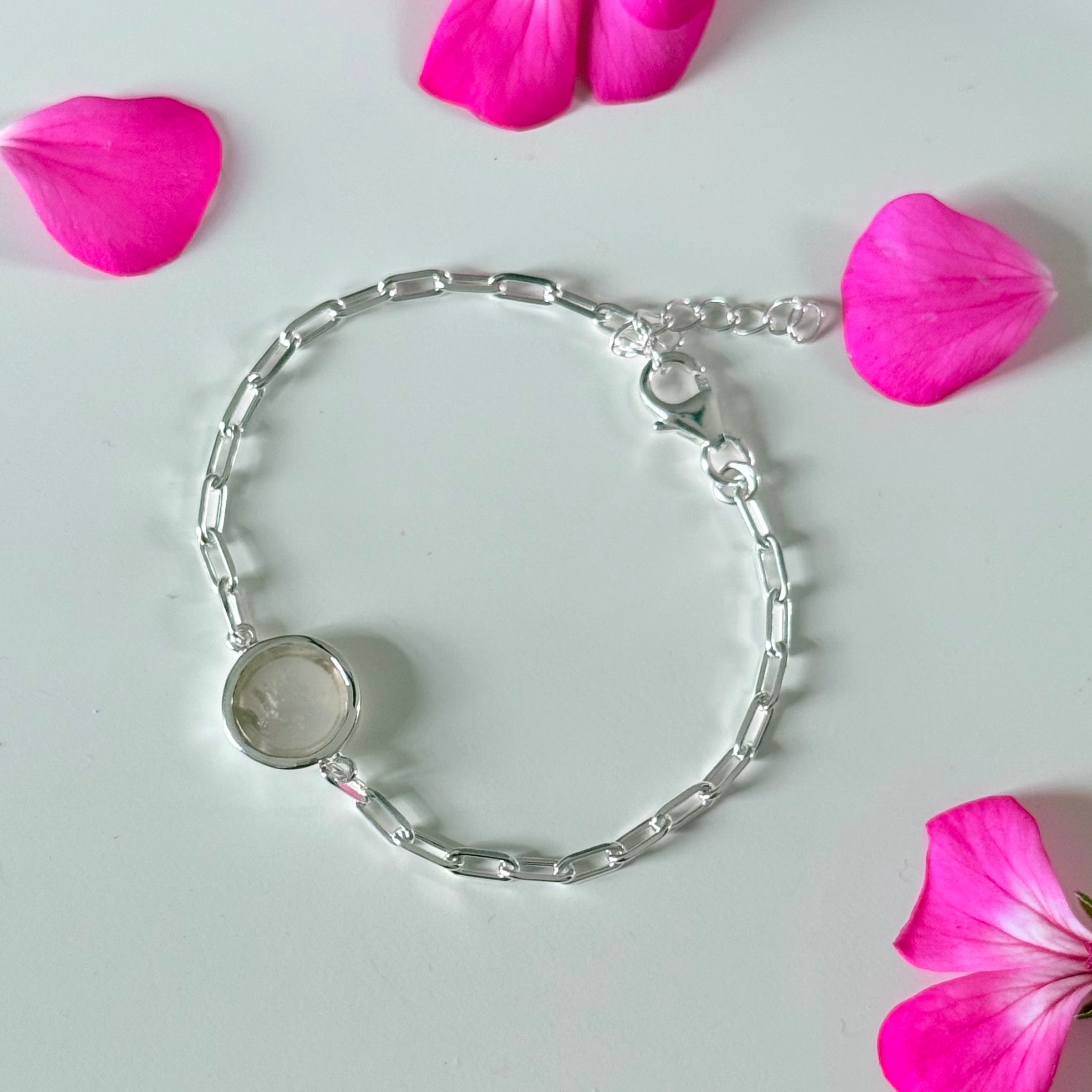 Sterling Silver Paperclip Link Chain Adjustable Bracelet with Round Rose Quartz Gemstone