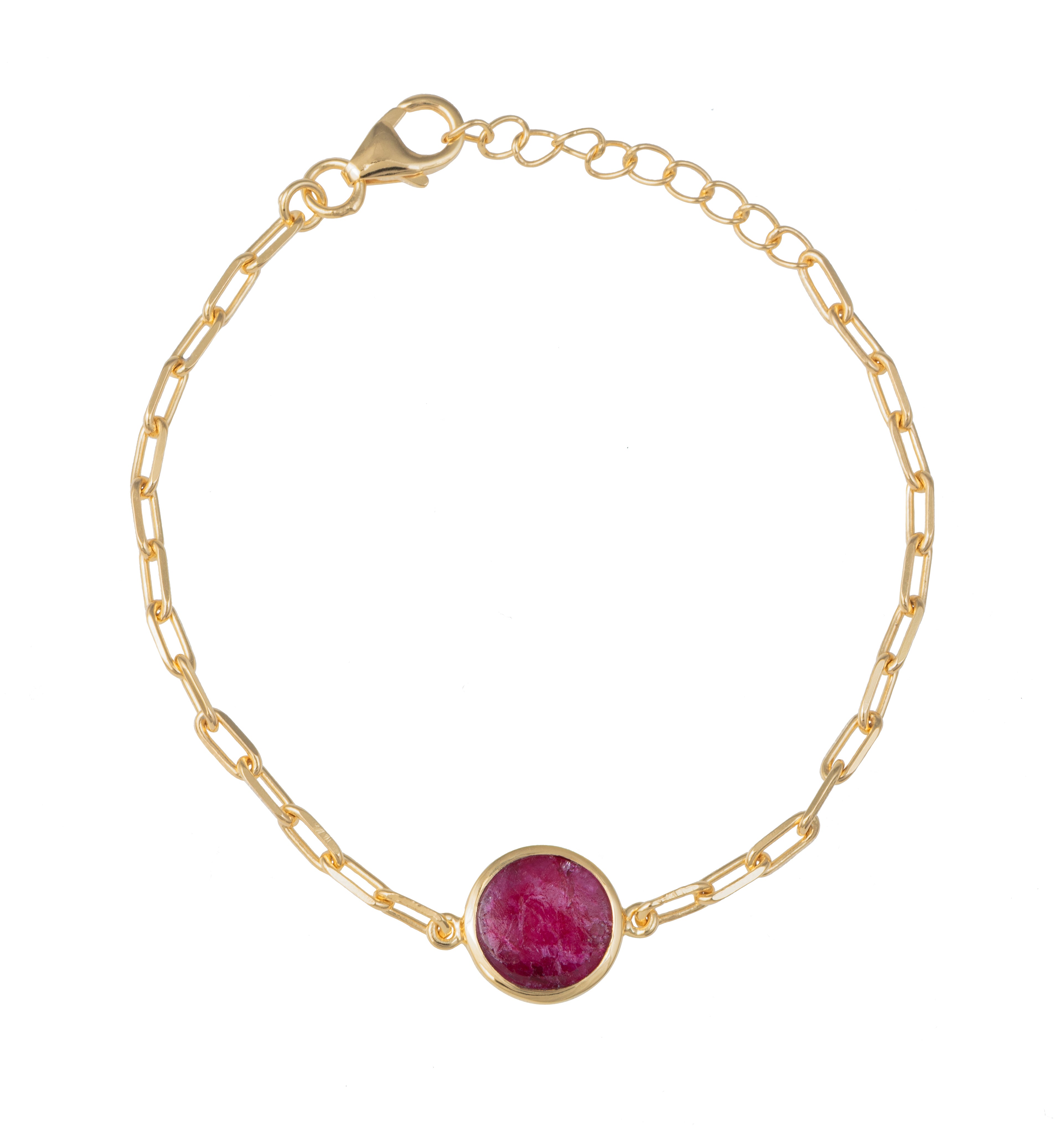 Vermeil Gold Paperclip Link Chain Adjustable Bracelet with Round Ruby Quartz Gemstone