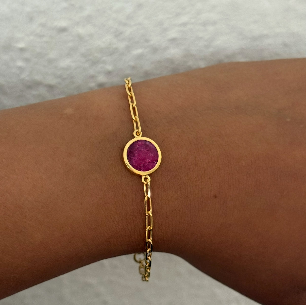 Vermeil Gold Paperclip Link Chain Adjustable Bracelet with Round Ruby Quartz Gemstone