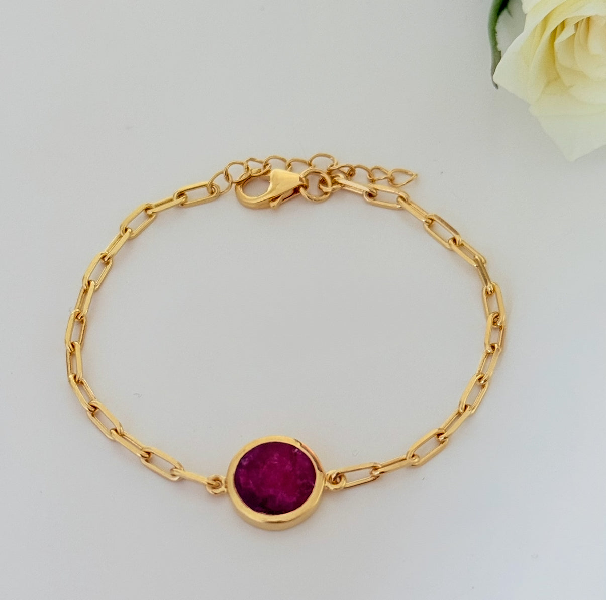 Vermeil Gold Paperclip Link Chain Adjustable Bracelet with Round Ruby Quartz Gemstone