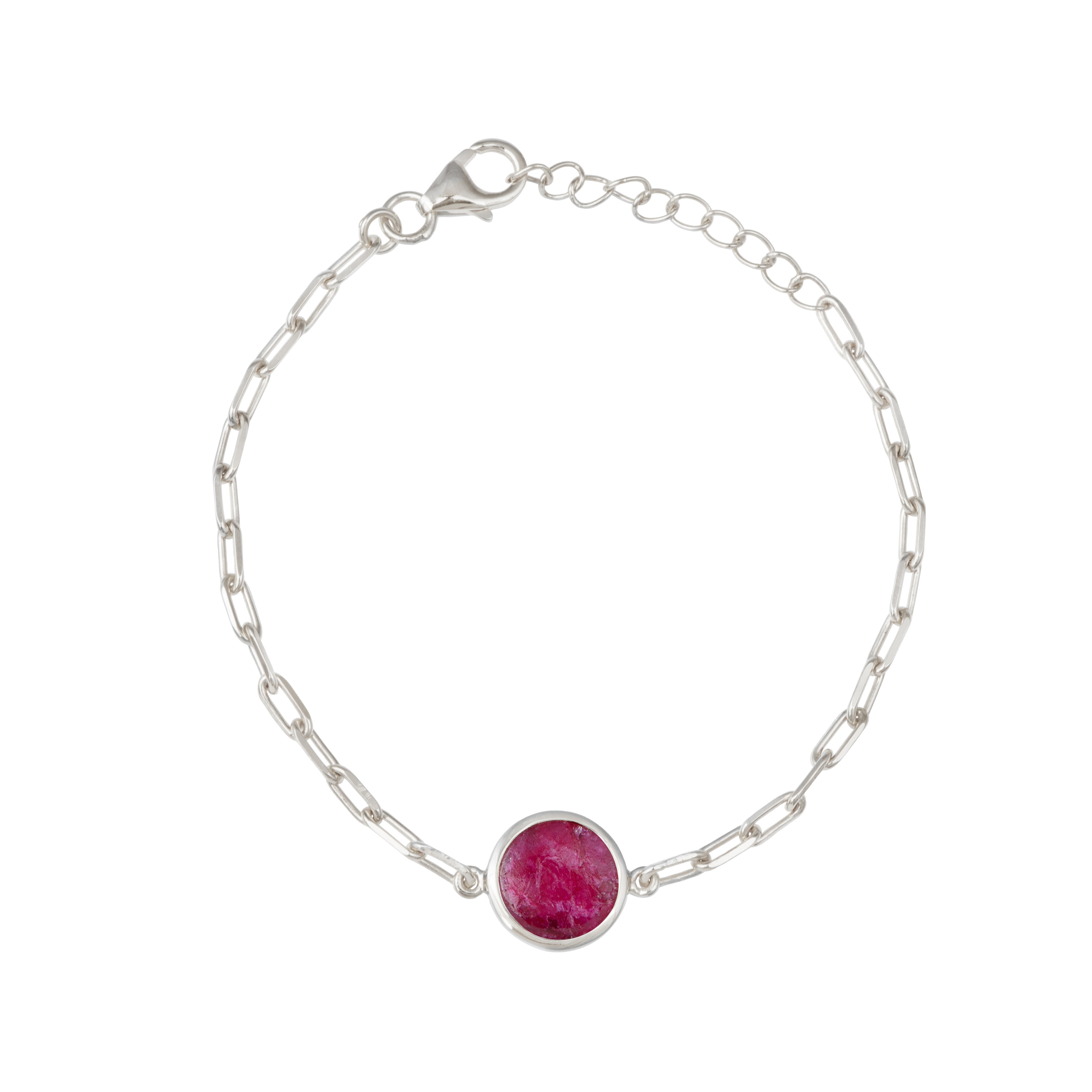 Sterling Silver Paperclip Link Chain Adjustable Bracelet with Round Ruby Quartz Gemstone