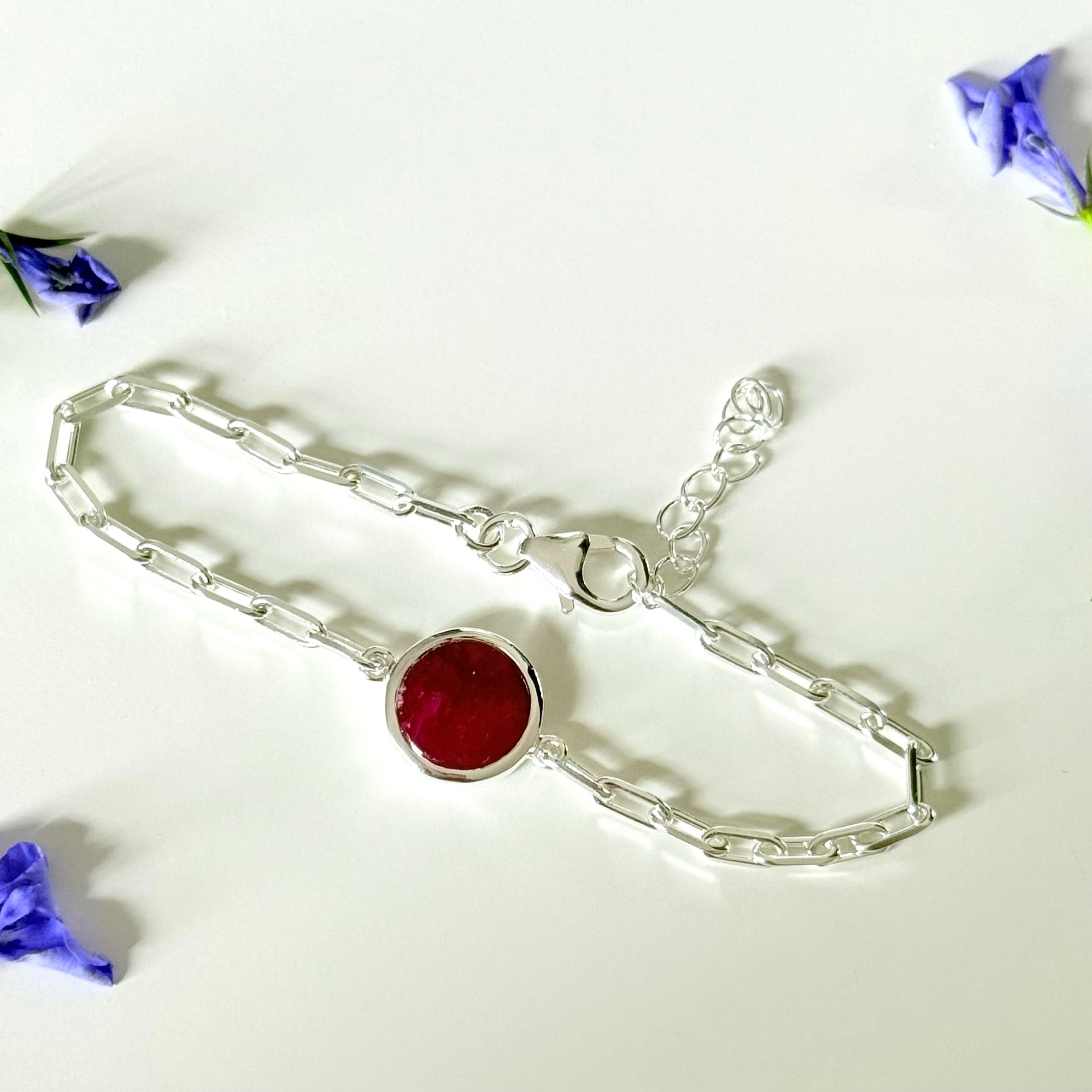 Sterling Silver Paperclip Link Chain Adjustable Bracelet with Round Ruby Quartz Gemstone