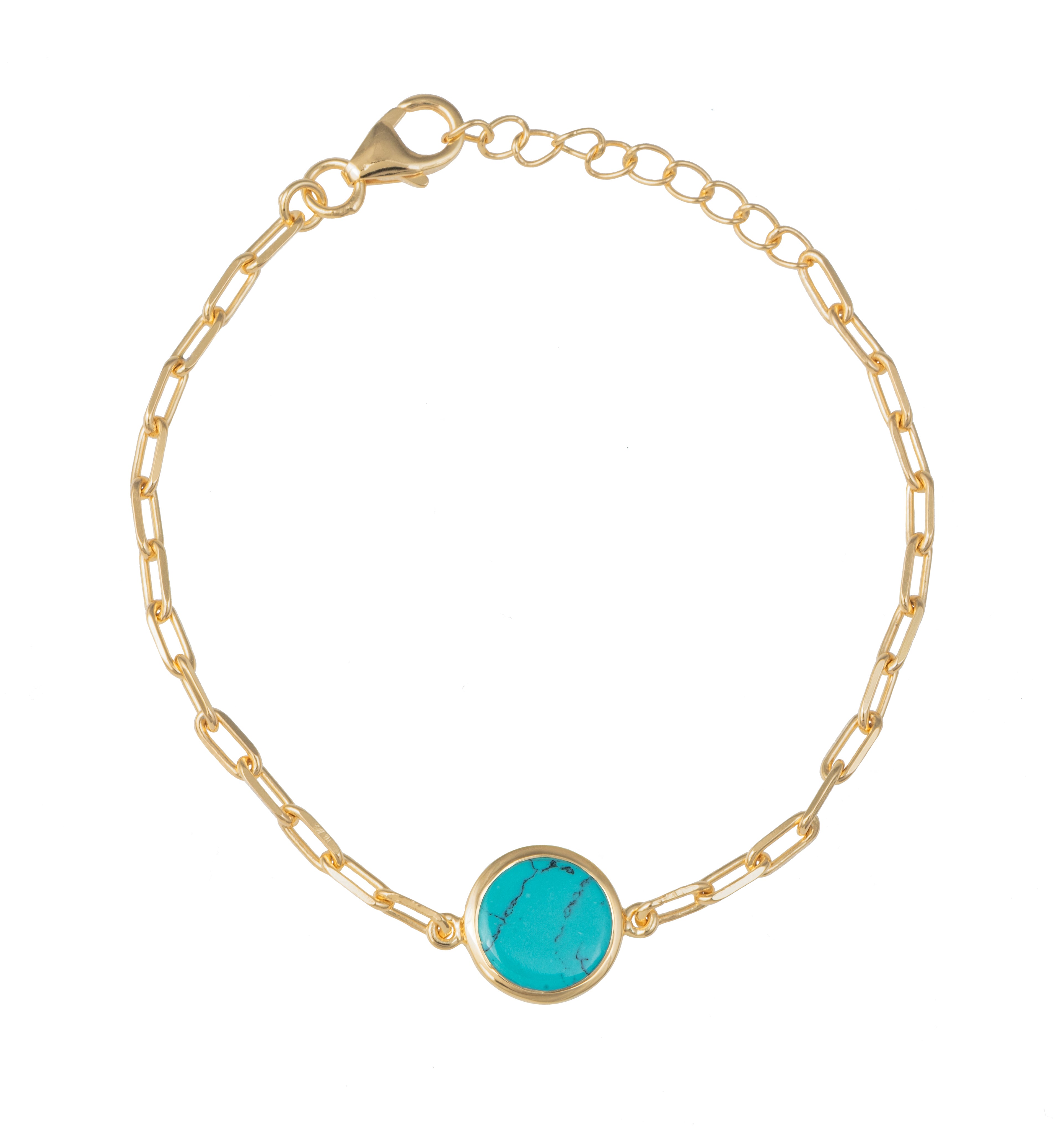 Vermeil Gold Paperclip Link Chain Adjustable Bracelet with Round Turquoise Gemstone