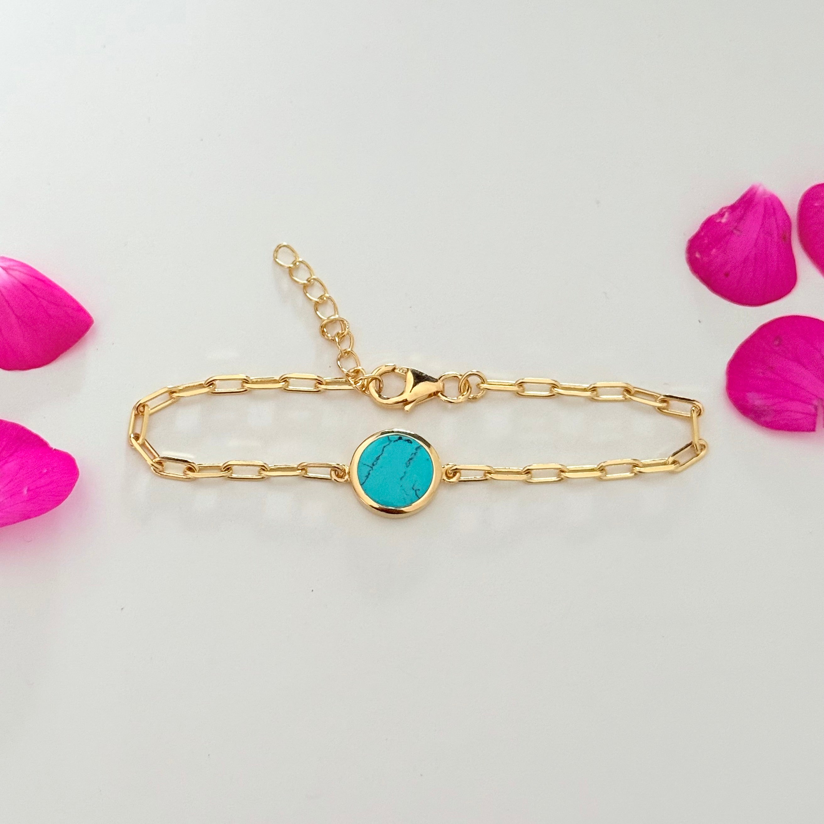 Vermeil Gold Paperclip Link Chain Adjustable Bracelet with Round Turquoise Gemstone