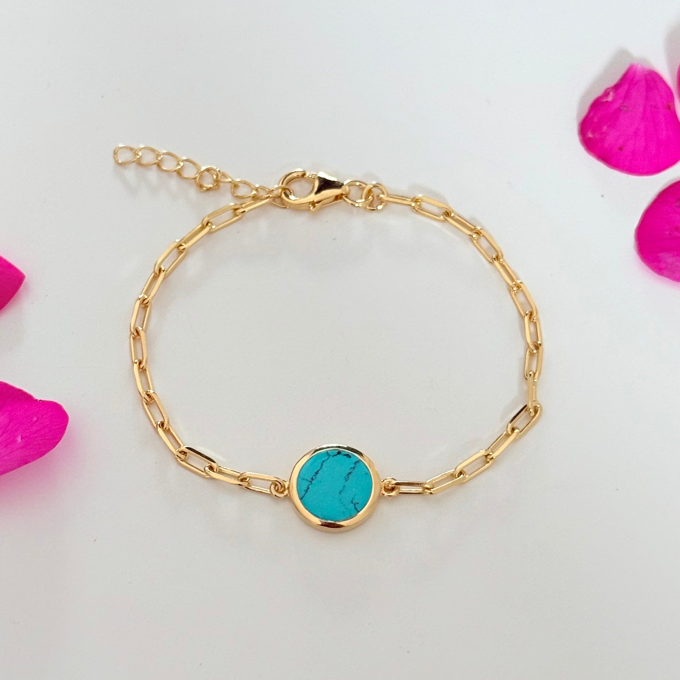 Vermeil Gold Paperclip Link Chain Adjustable Bracelet with Round Turquoise Gemstone