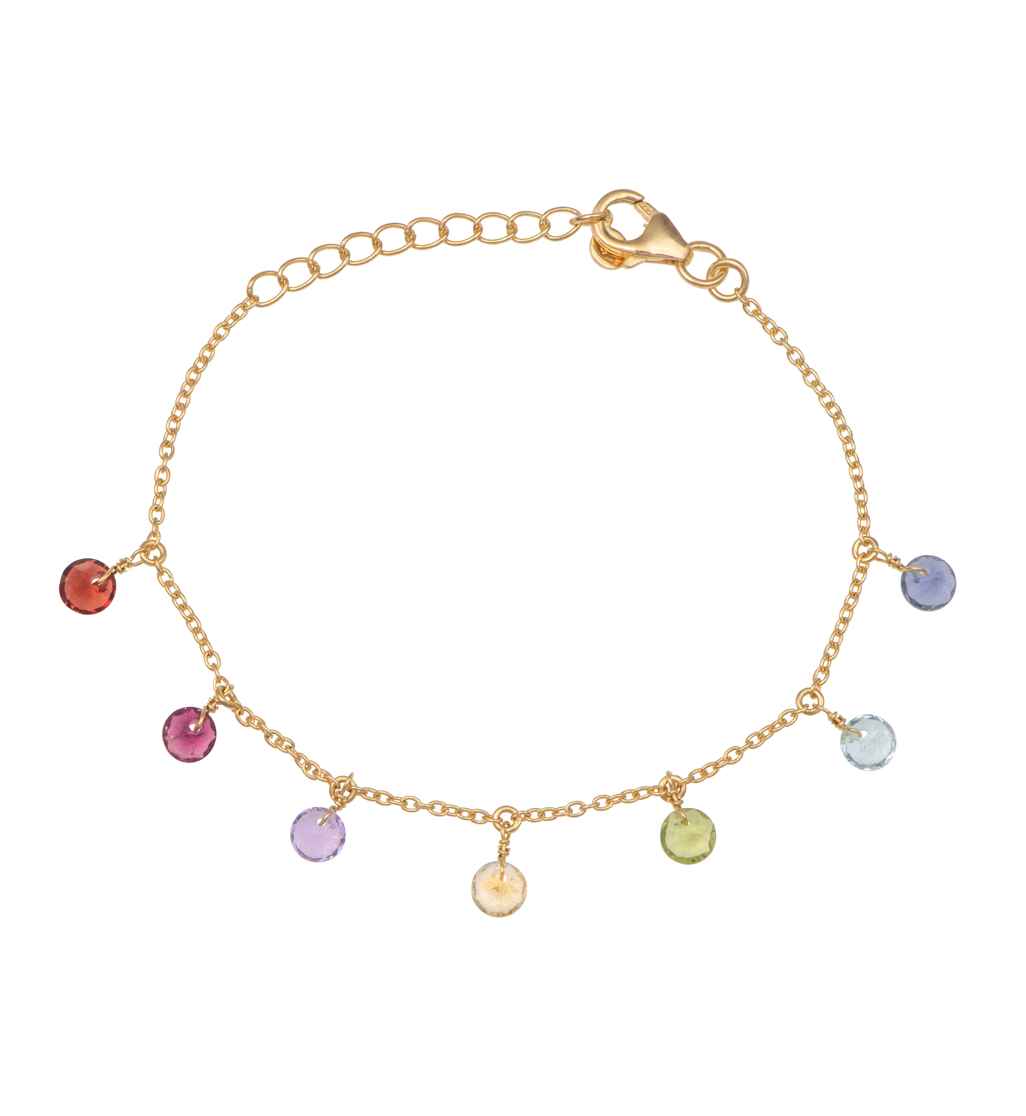 Adjustable Fine Bracelet with Seven Faceted Round Diamond Cut Gemstones in Vermeil Gold