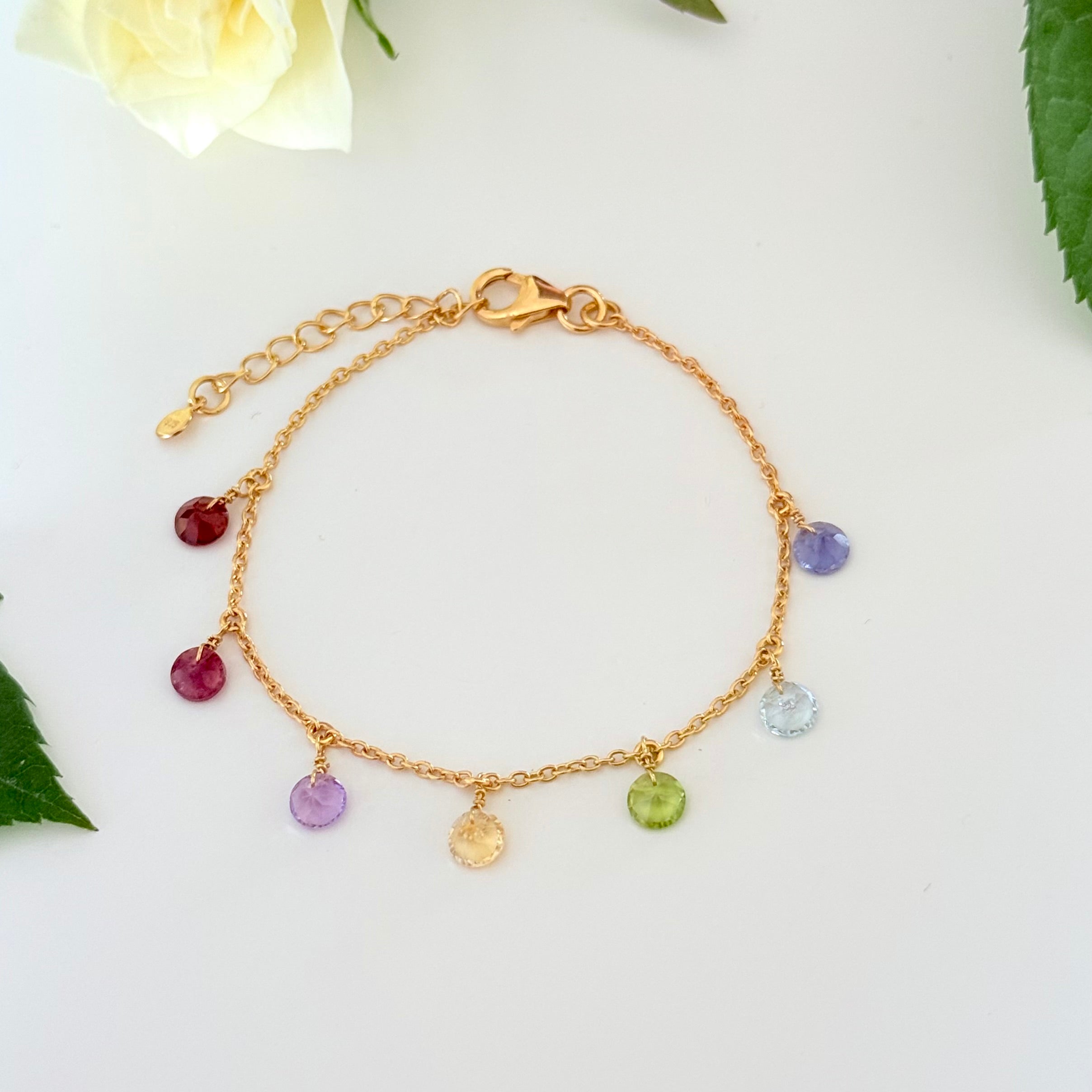 Adjustable Fine Bracelet with Seven Faceted Round Diamond Cut Gemstones in Vermeil Gold