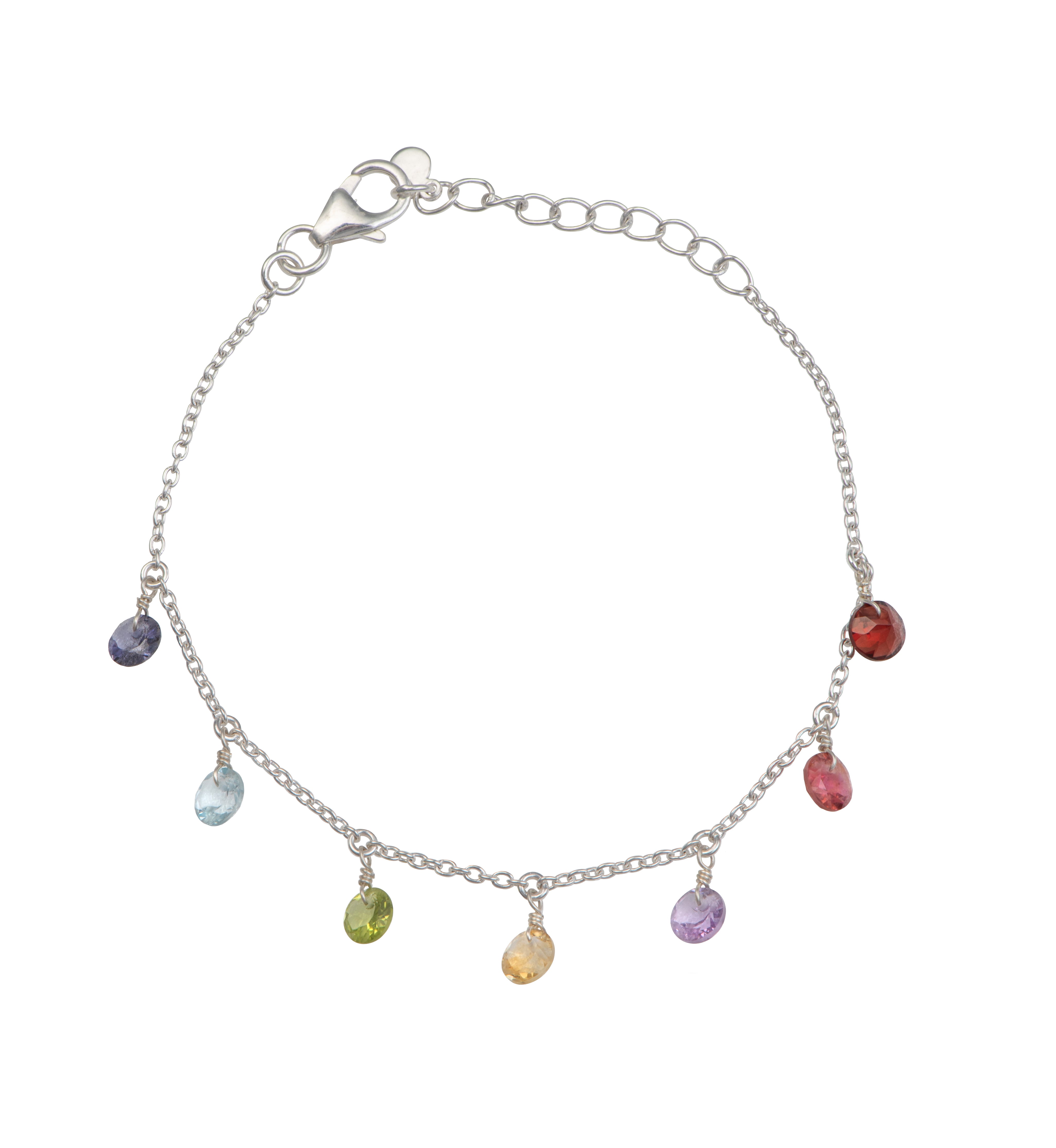 Adjustable Fine Bracelet with Seven Faceted Round Diamond Cut Gemstones in Sterling Silver