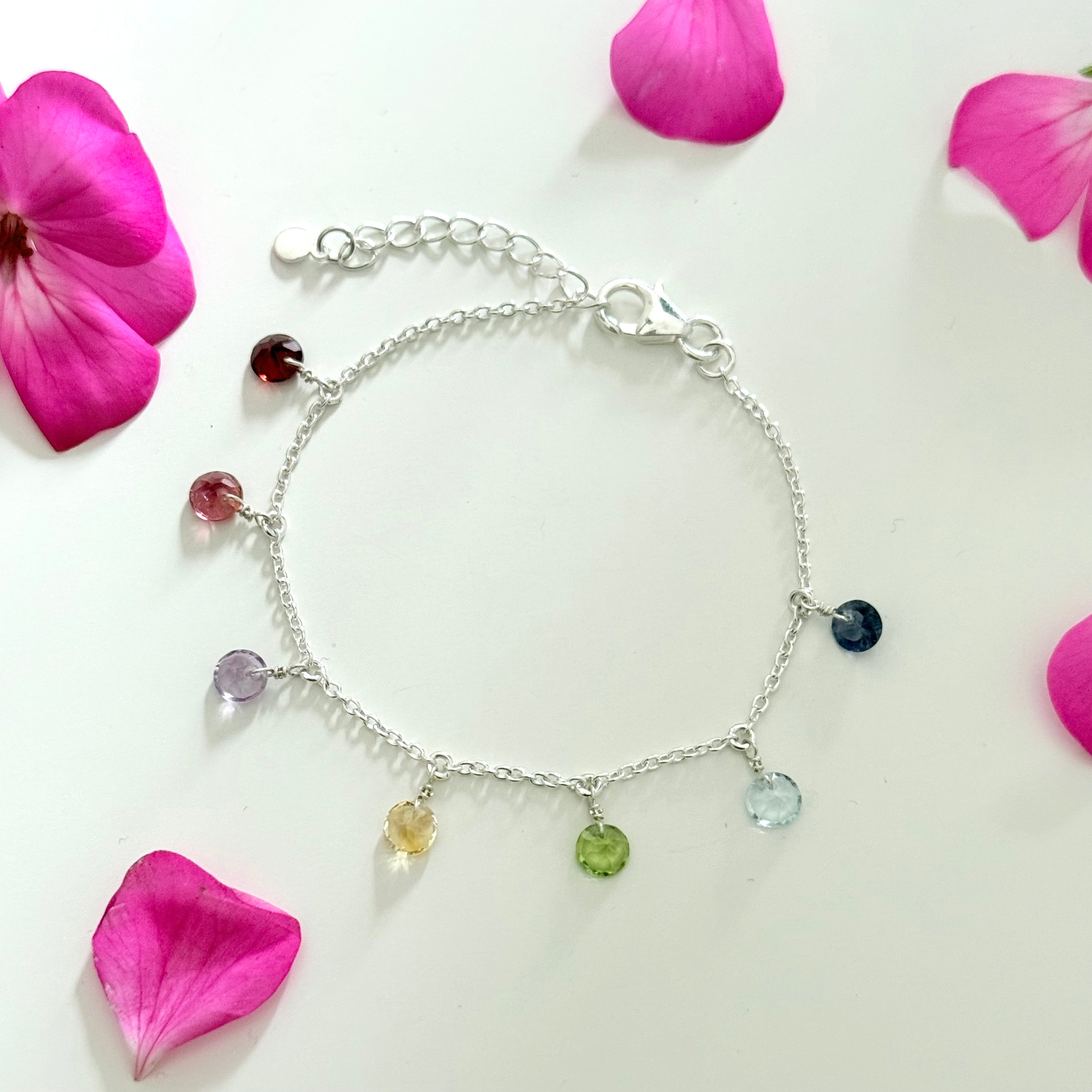 Adjustable Fine Bracelet with Seven Faceted Round Diamond Cut Gemstones in Sterling Silver