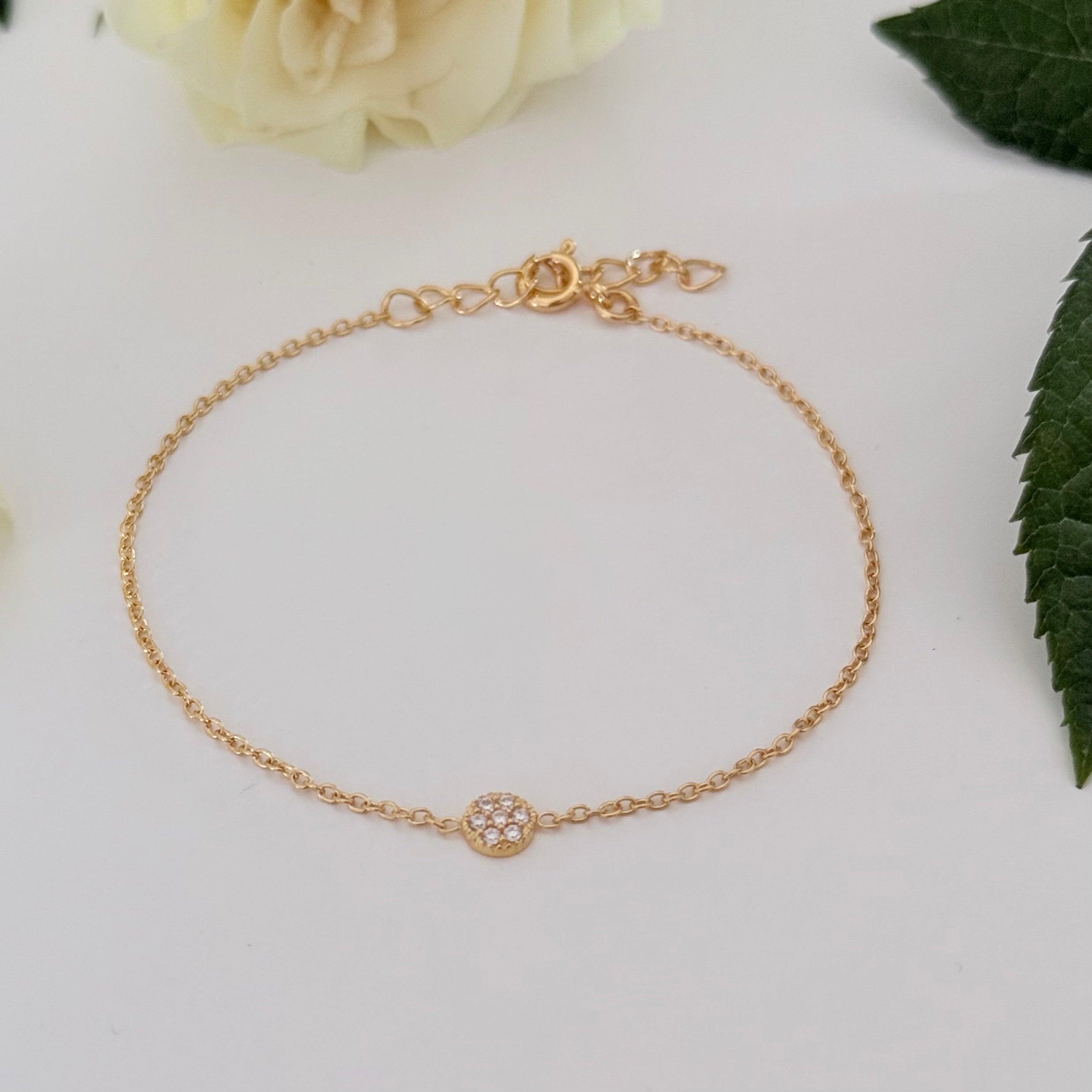 Vermeil Gold Small Cubic Zirconia Disc Bracelet on a Delicate Adjustable Chain