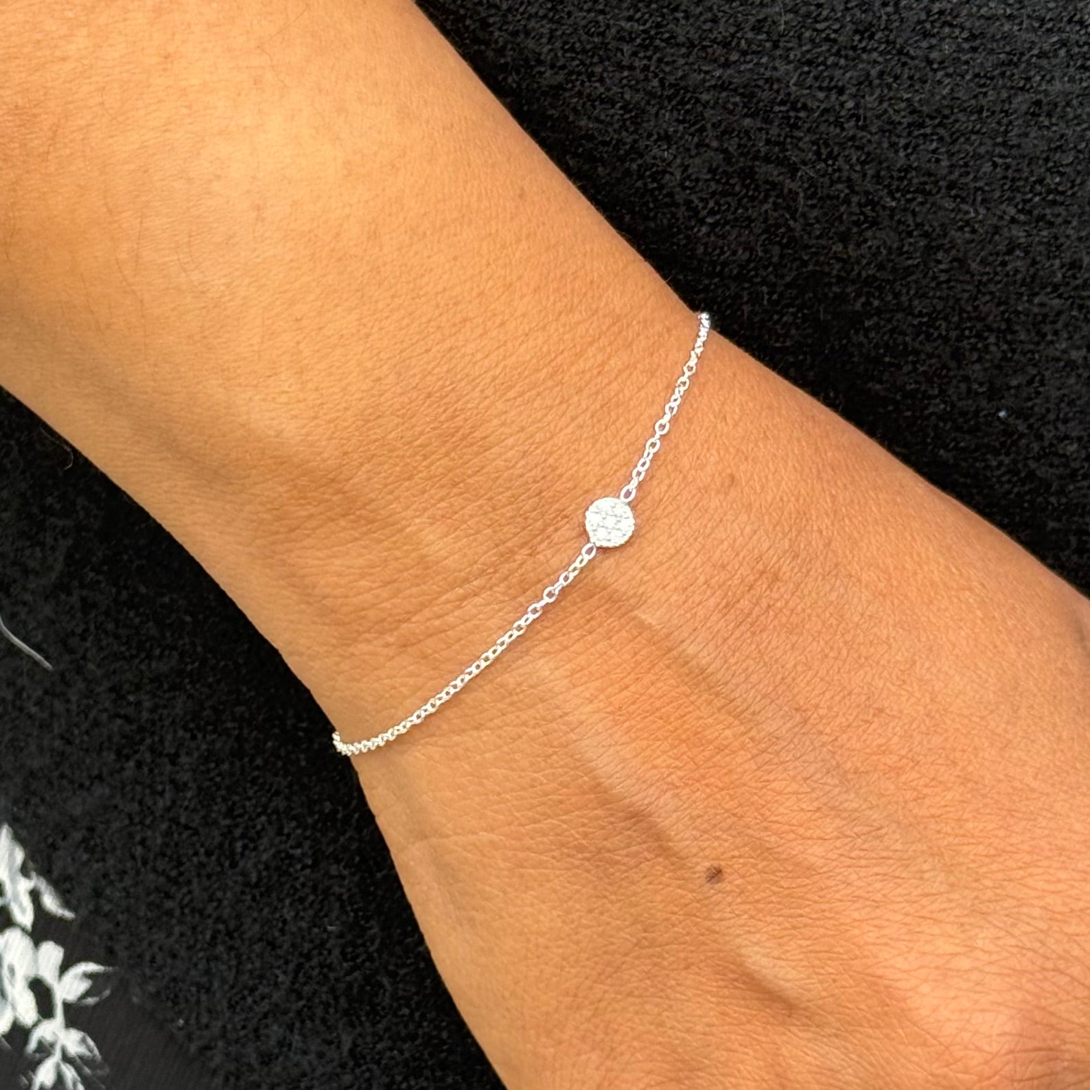 Sterling Silver Small Cubic Zirconia Disc Bracelet on a Delicate Adjustable Chain