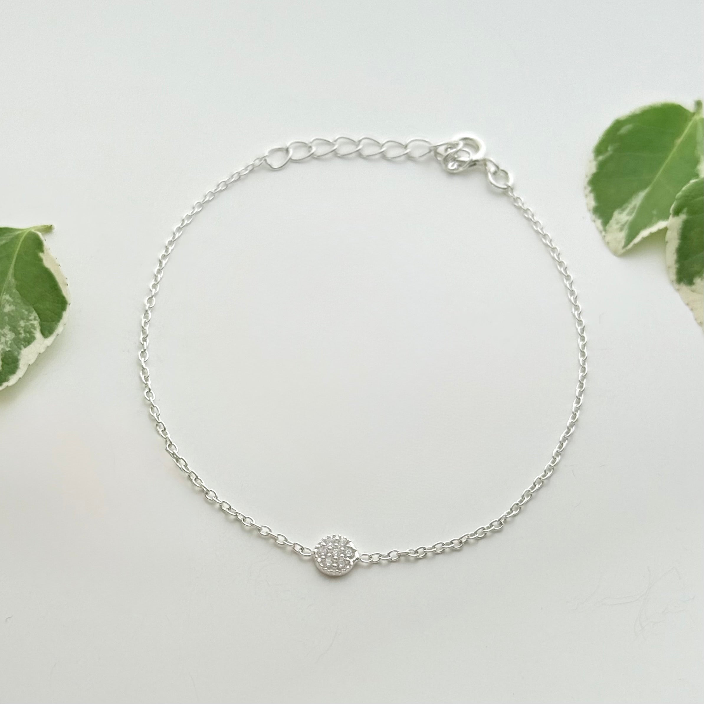 Sterling Silver Small Cubic Zirconia Disc Bracelet on a Delicate Adjustable Chain