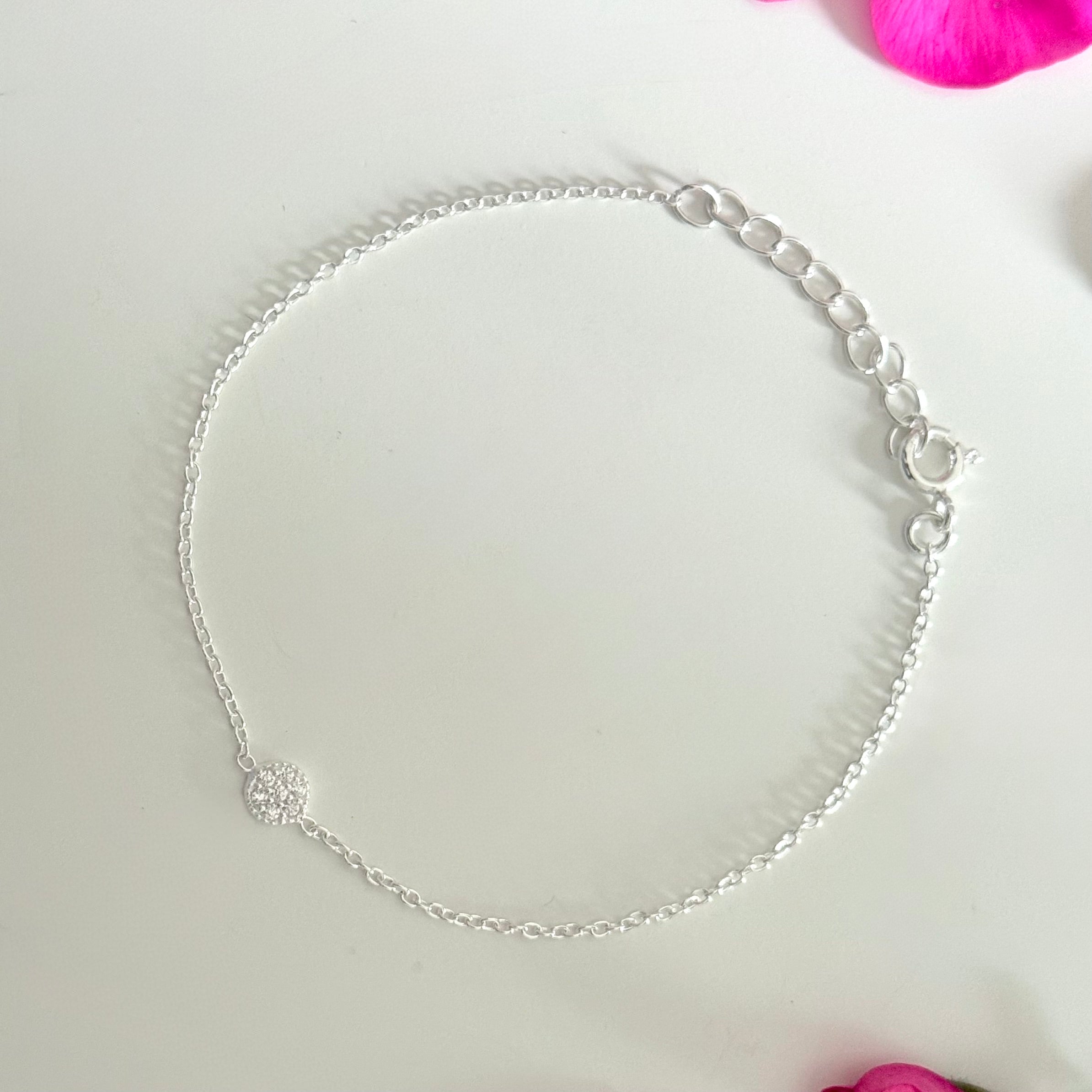 Sterling Silver Small Cubic Zirconia Disc Bracelet on a Delicate Adjustable Chain