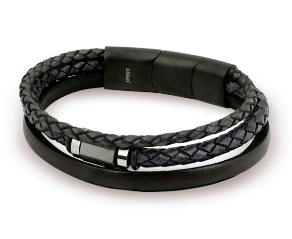Black Nappa Leather 3 Strap Braided and Flat Band Bracelet with a Stylish Large Steel Spacer and Magnetic Clasp in Black Satin Finish