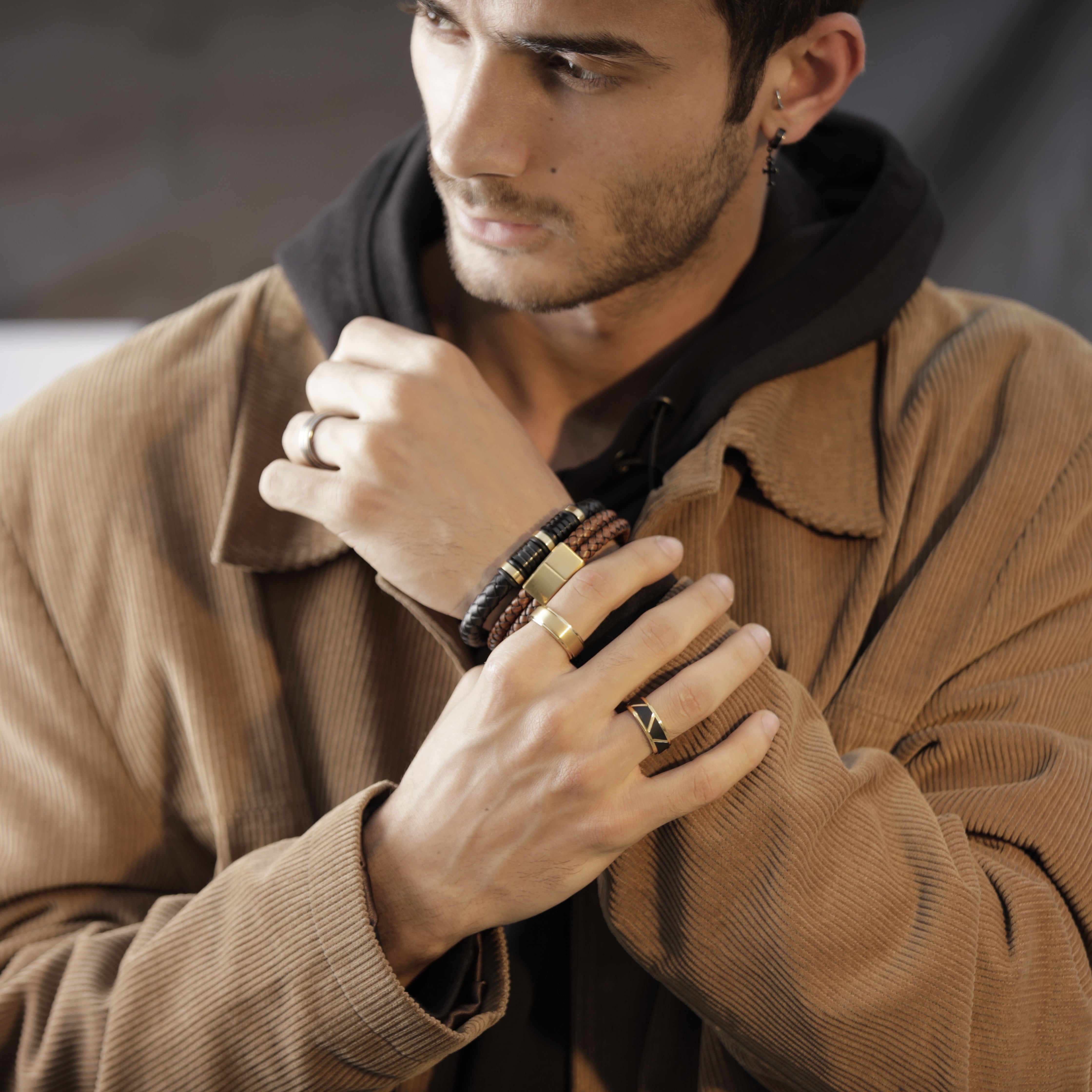 Black Braided Vegan Leather Men's Bracelet with Gold-Tone Accents and Magnetic Clasp