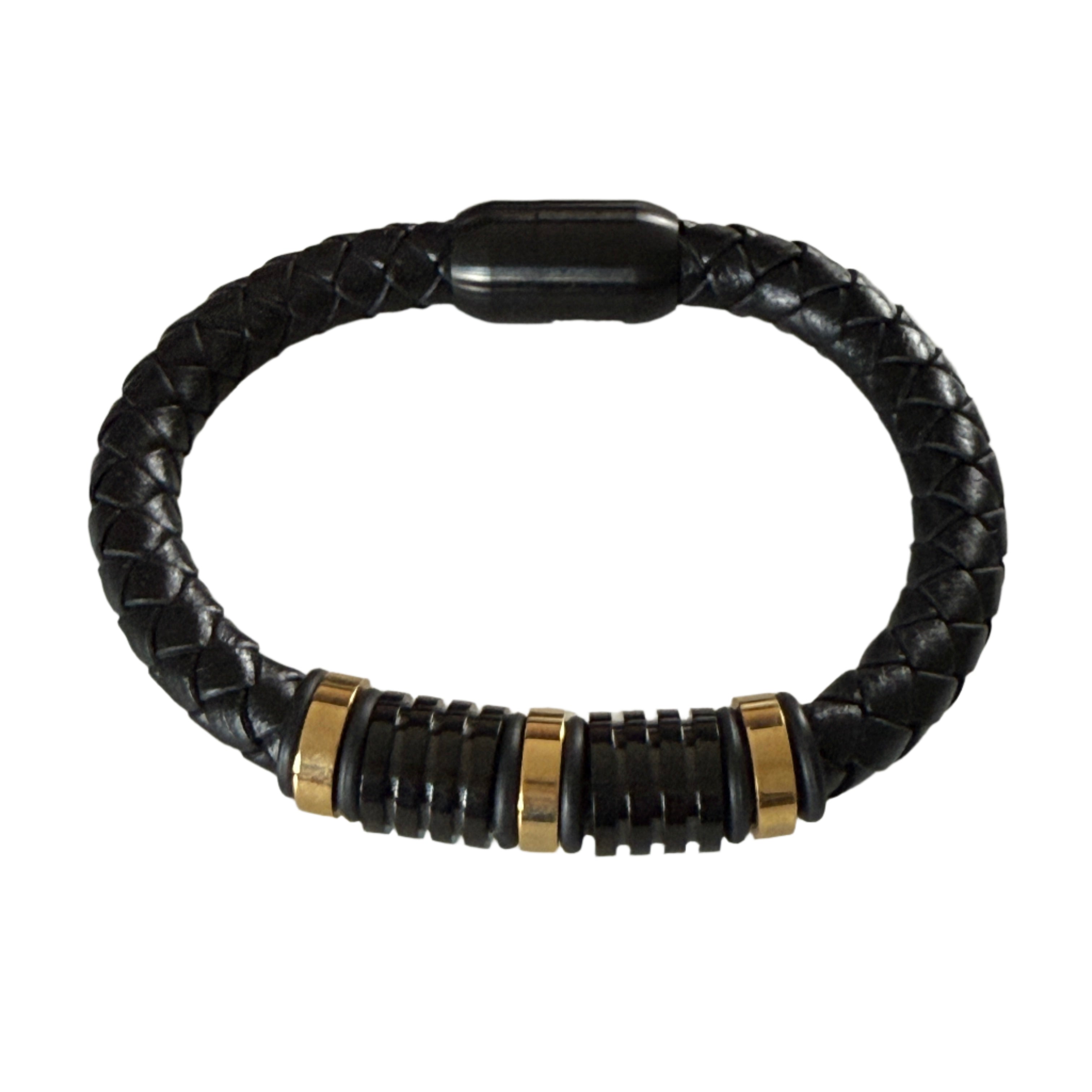 Black Braided Vegan Leather Men's Bracelet with Gold-Tone Accents and Magnetic Clasp