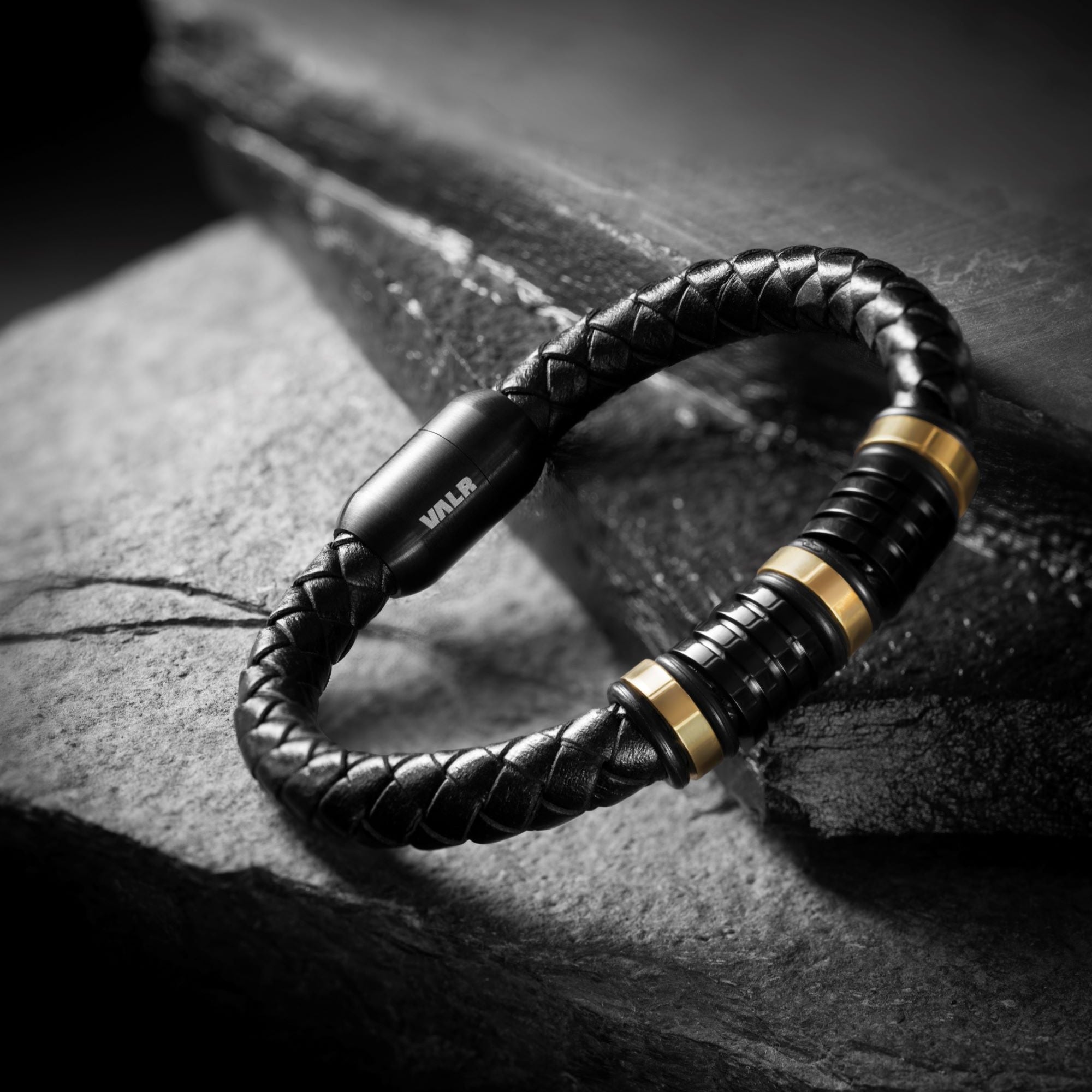 Black Braided Vegan Leather Men's Bracelet with Gold-Tone Accents and Magnetic Clasp