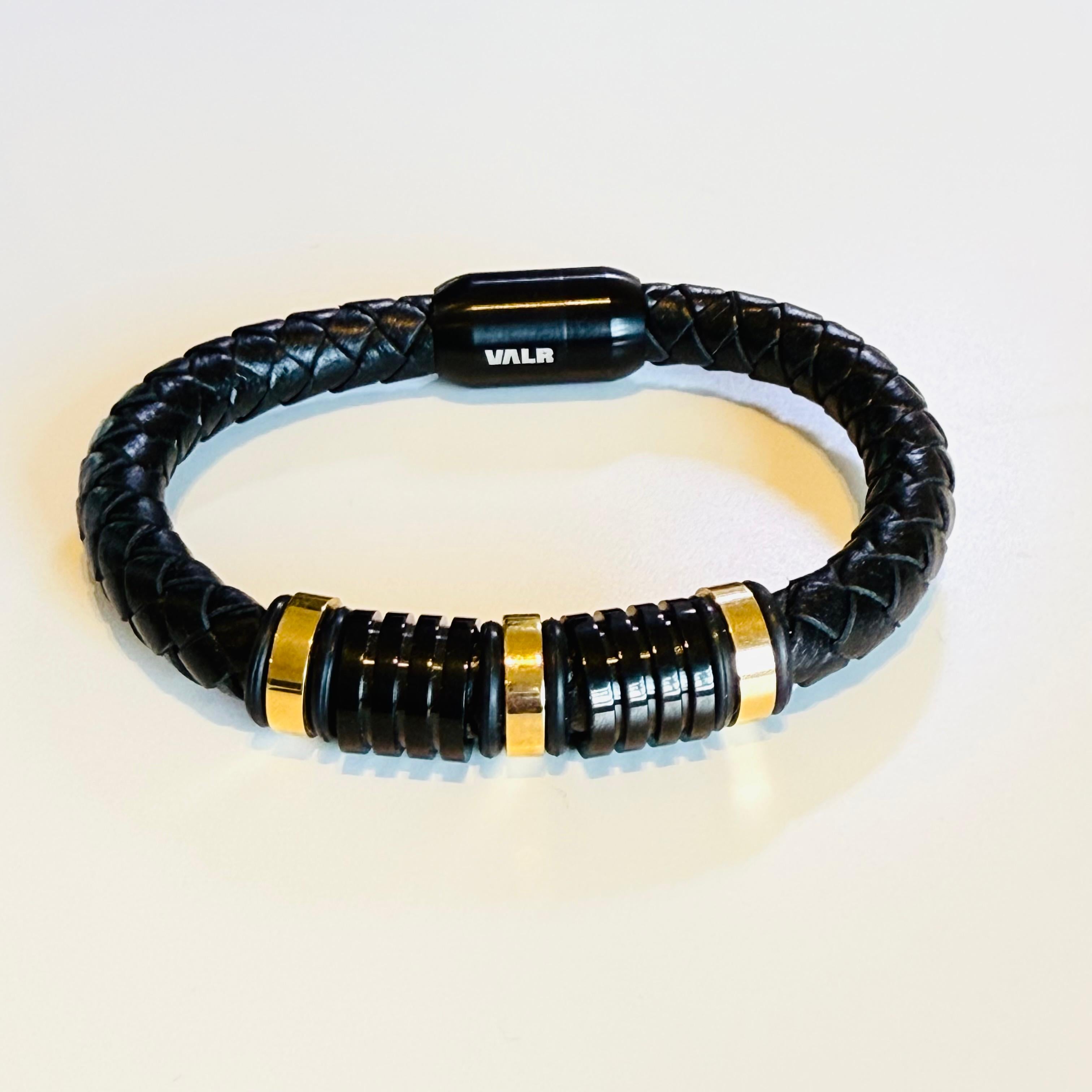 Black Braided Vegan Leather Men's Bracelet with Gold-Tone Accents and Magnetic Clasp