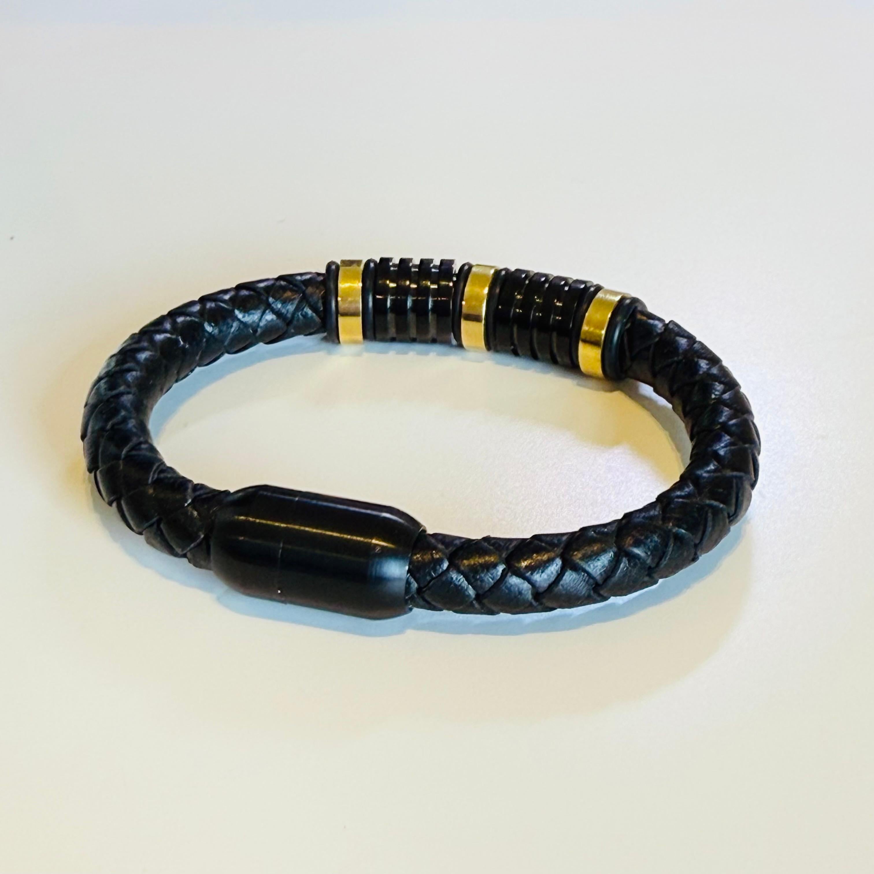 Black Braided Vegan Leather Men's Bracelet with Gold-Tone Accents and Magnetic Clasp