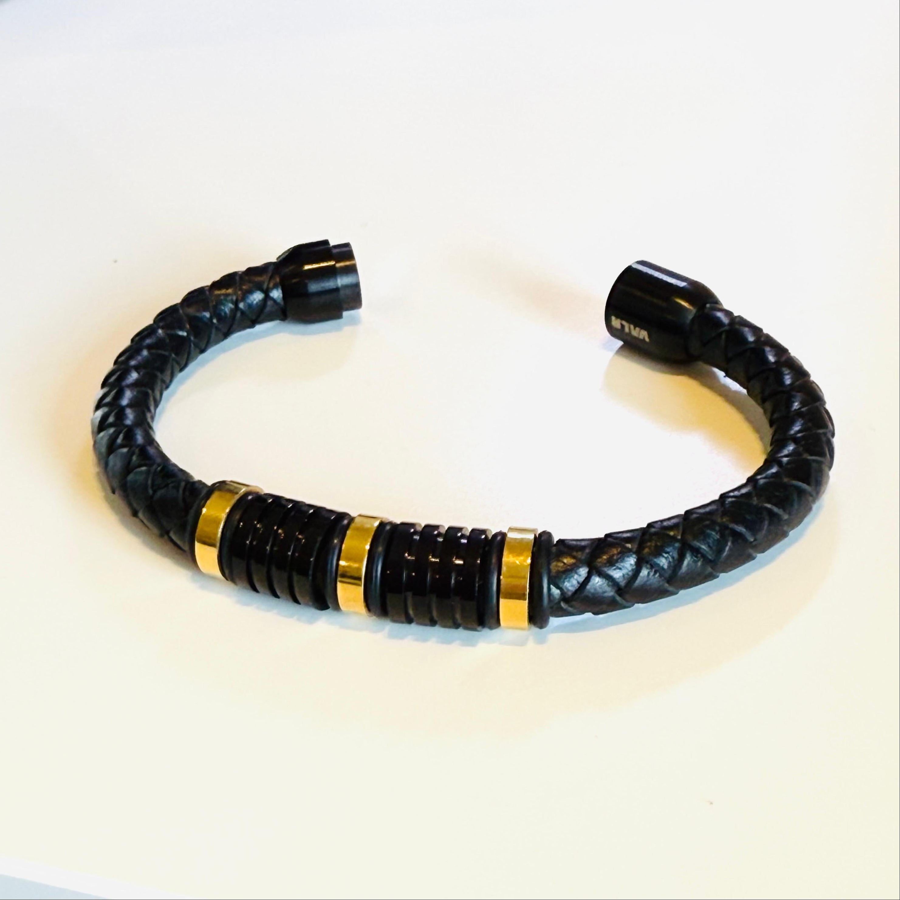 Black Braided Vegan Leather Men's Bracelet with Gold-Tone Accents and Magnetic Clasp