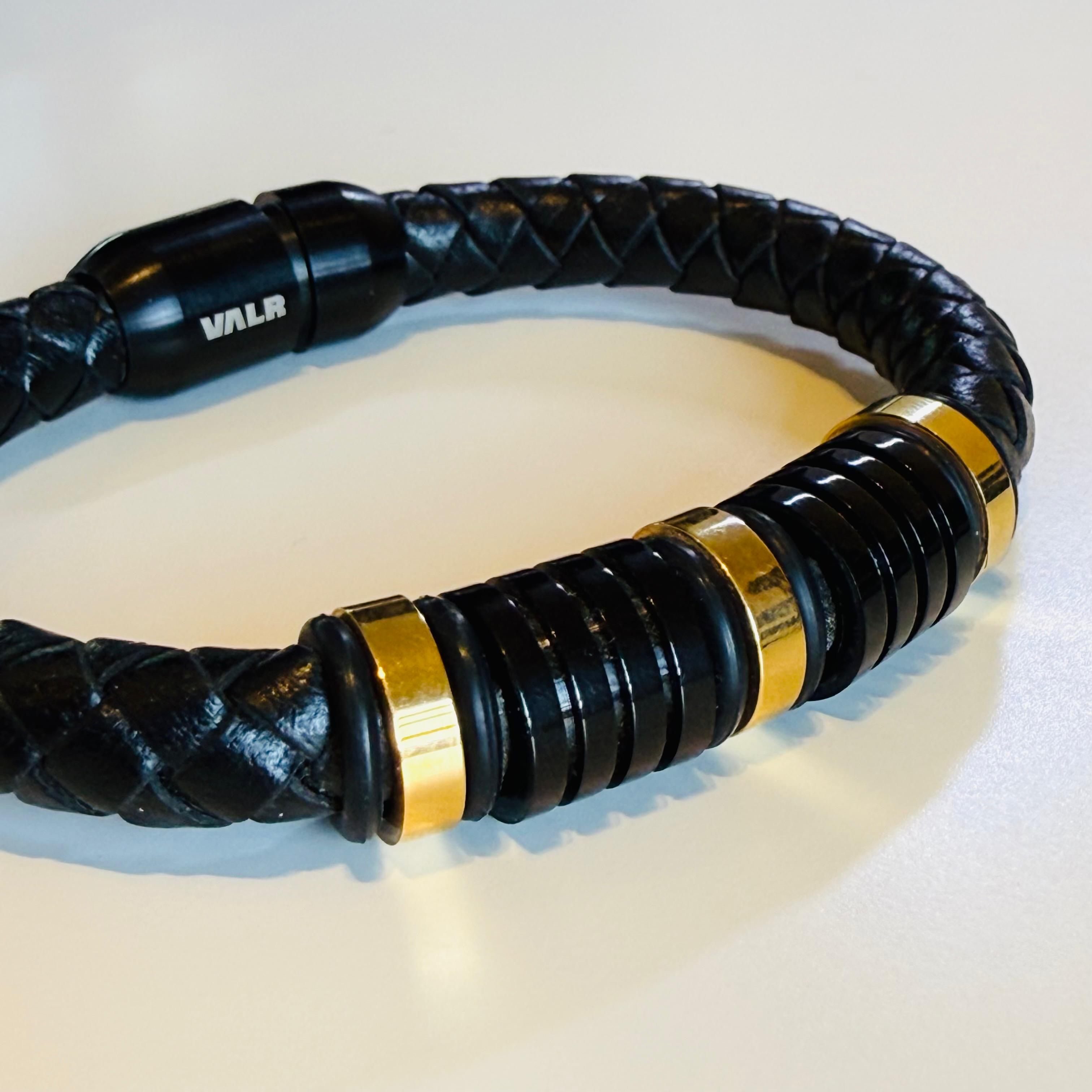 Black Braided Vegan Leather Men's Bracelet with Gold-Tone Accents and Magnetic Clasp