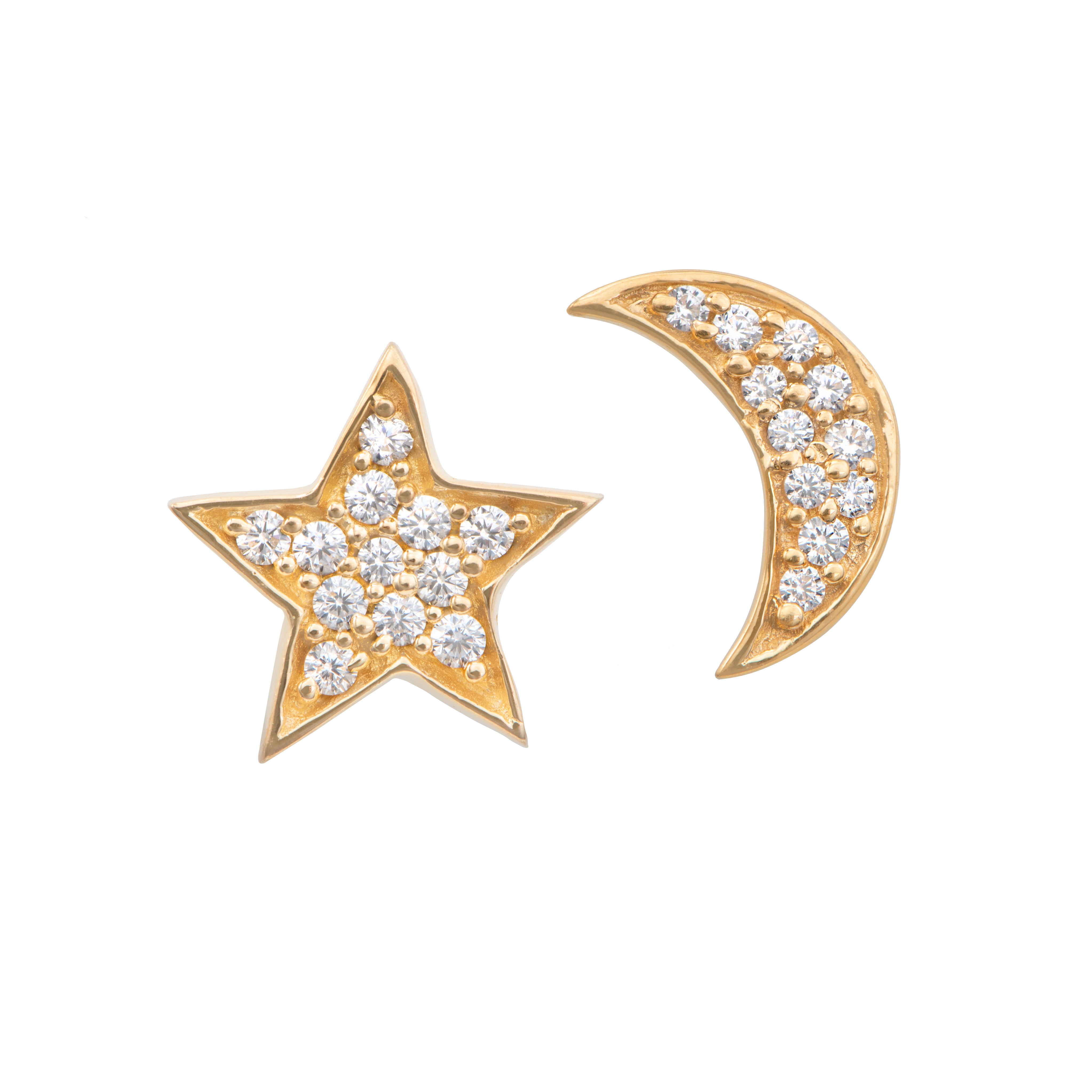 Celestial Charm Gold Plated Sterling Silver Star & Crescent Moon Cubic Zirconia Stud Earrings - ERD072-CZ-G - Milina London