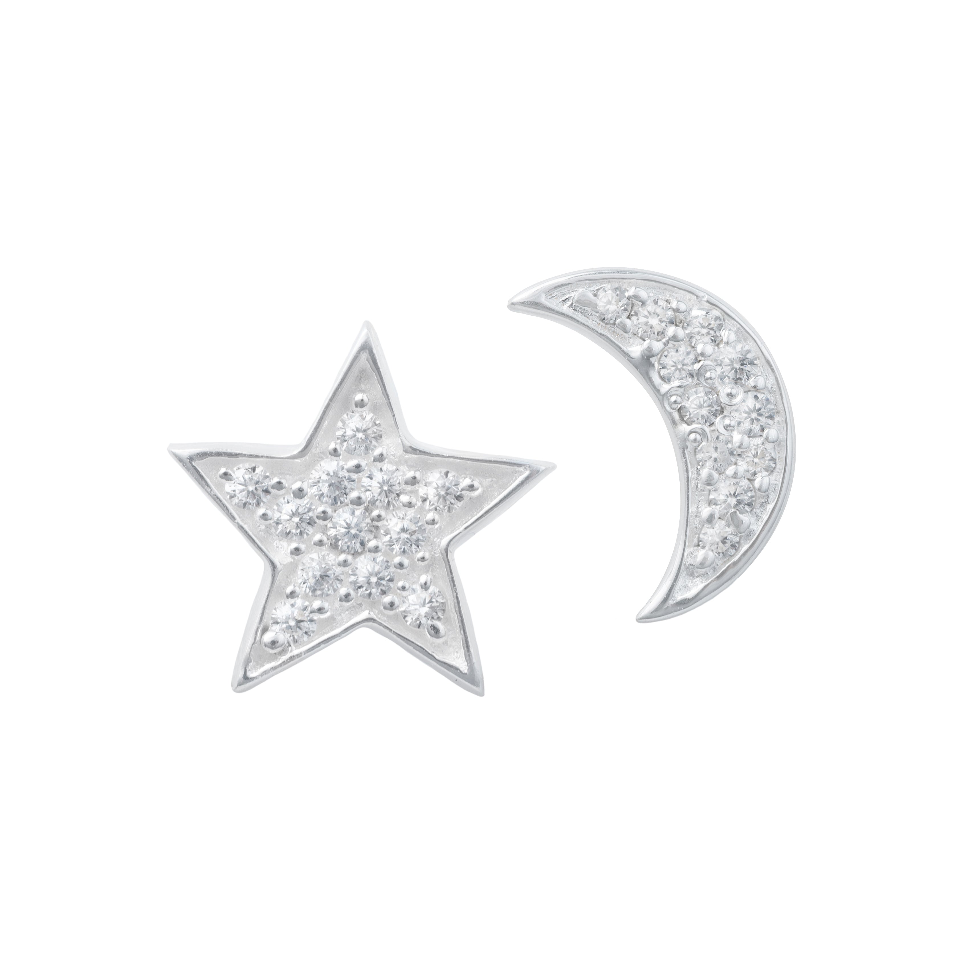 Celestial Charm Sterling Silver Star & Crescent Moon Cubic Zirconia Stud Earrings - ERD072-CZ - Milina London