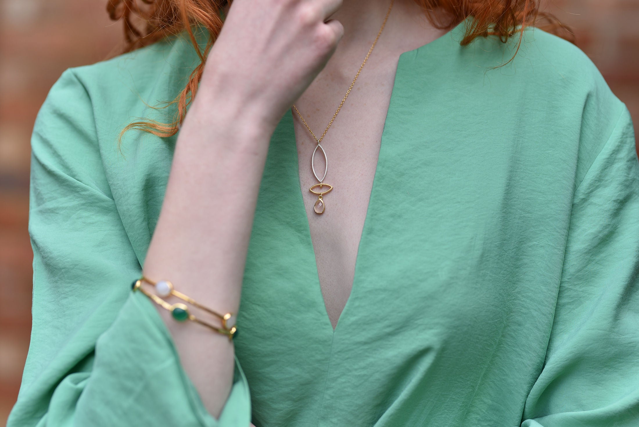 Rose Quartz Gemstone Two Tone Pendant Necklace in Gold Plated Sterling Silver