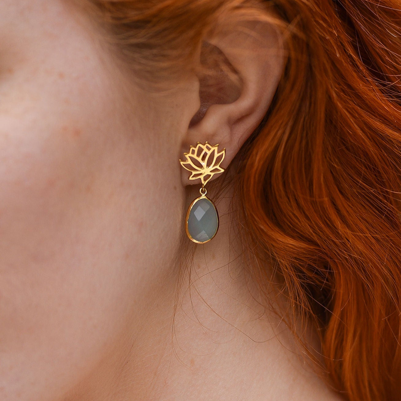 Lotus Earrings in Gold Plated Sterling Silver with a Lapis Lazuli Gemstone Drop
