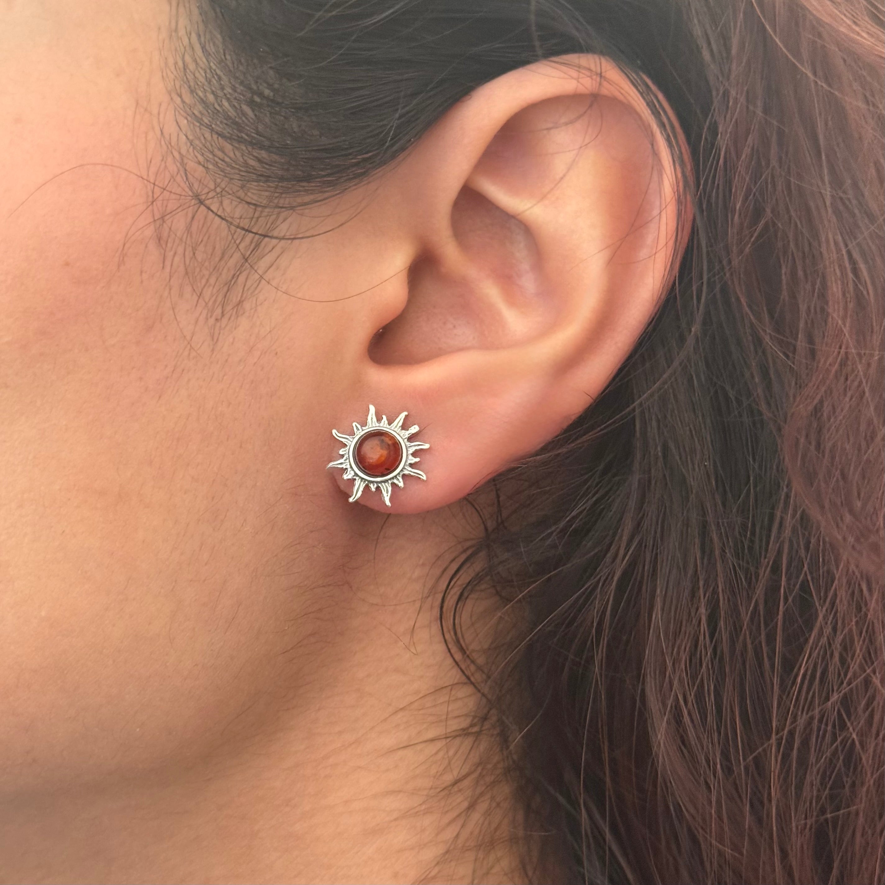 Baltic Amber Sun Design Stud Earrings in Oxidised Sterling Silver