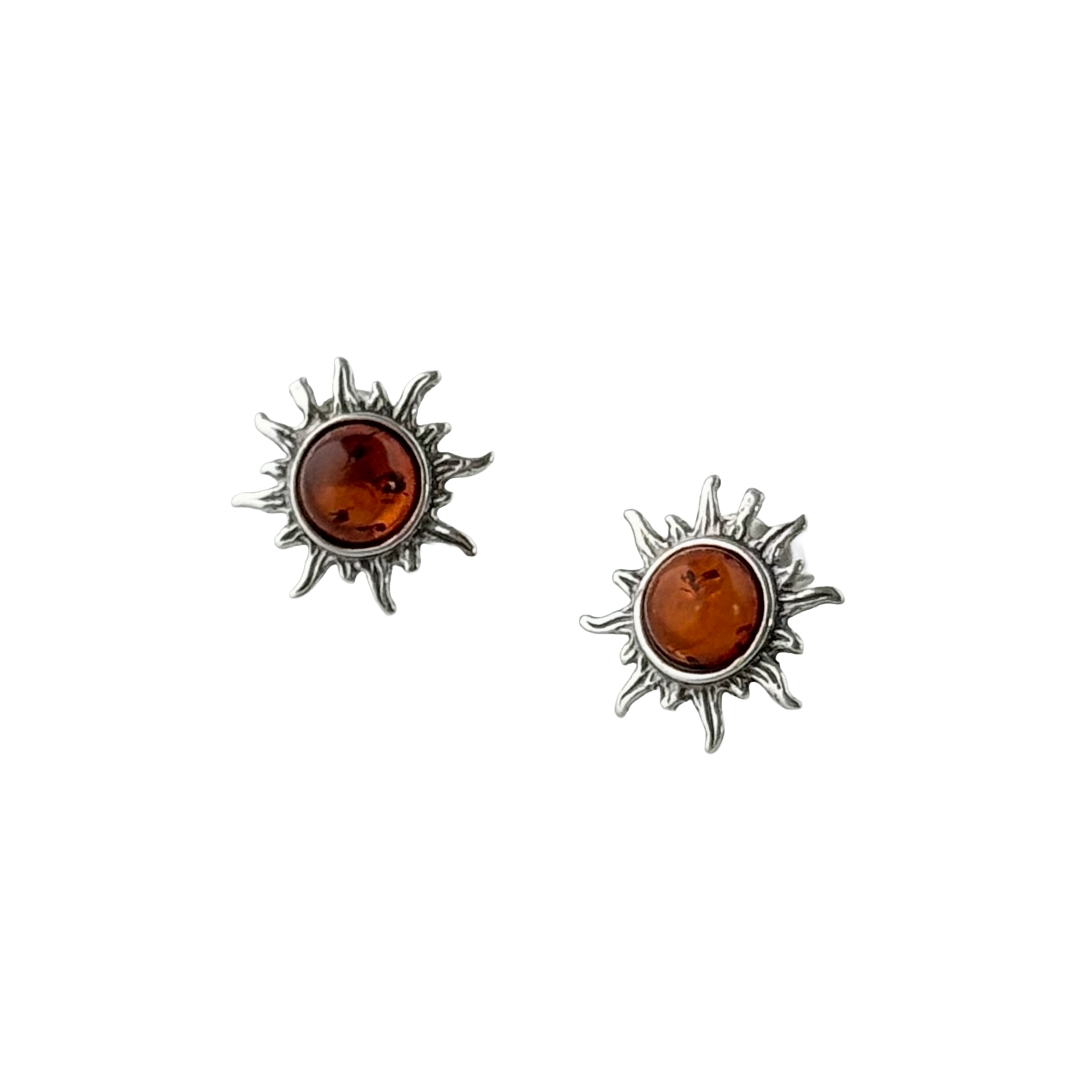 Baltic Amber Sun Design Stud Earrings in Oxidised Sterling Silver