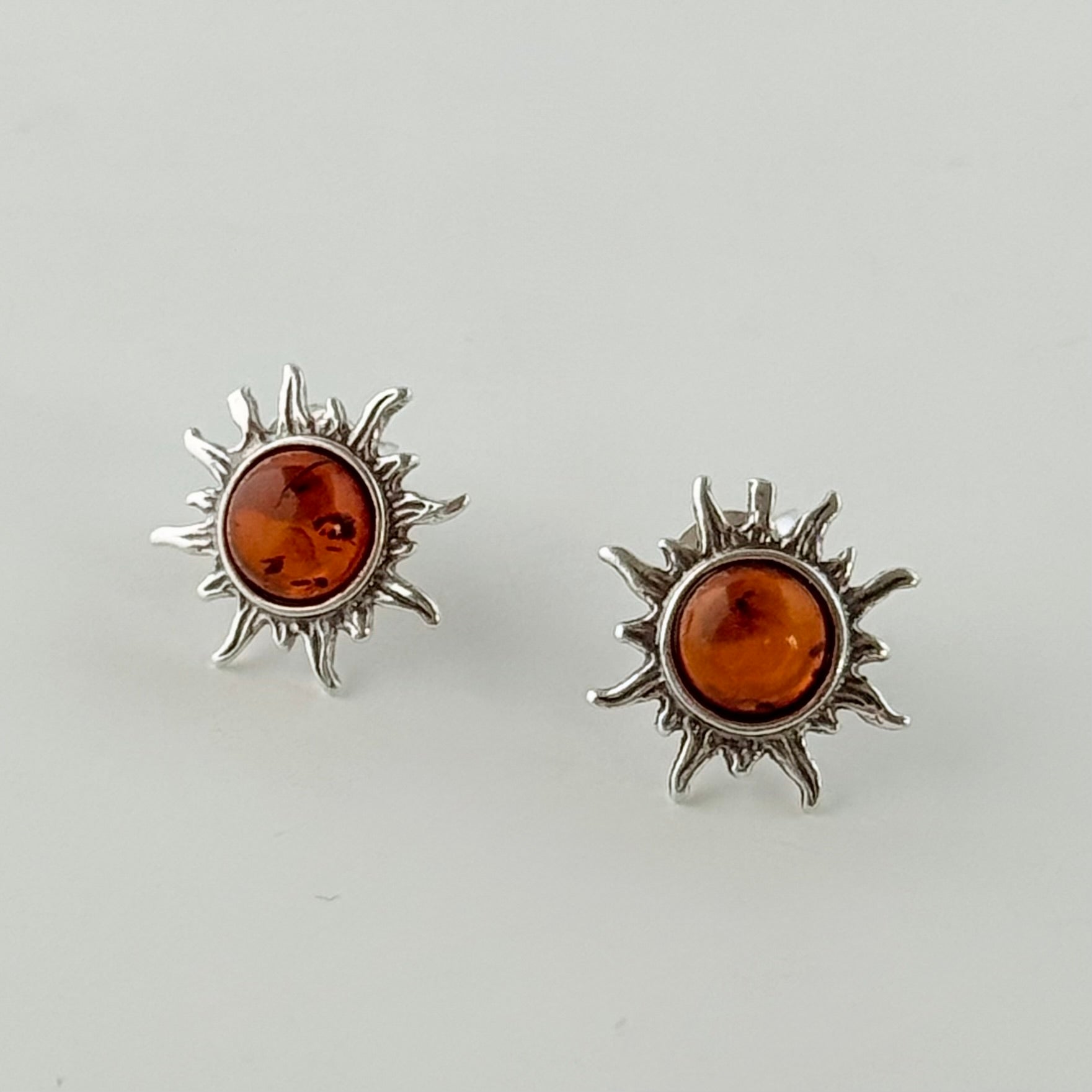 Baltic Amber Sun Design Stud Earrings in Oxidised Sterling Silver