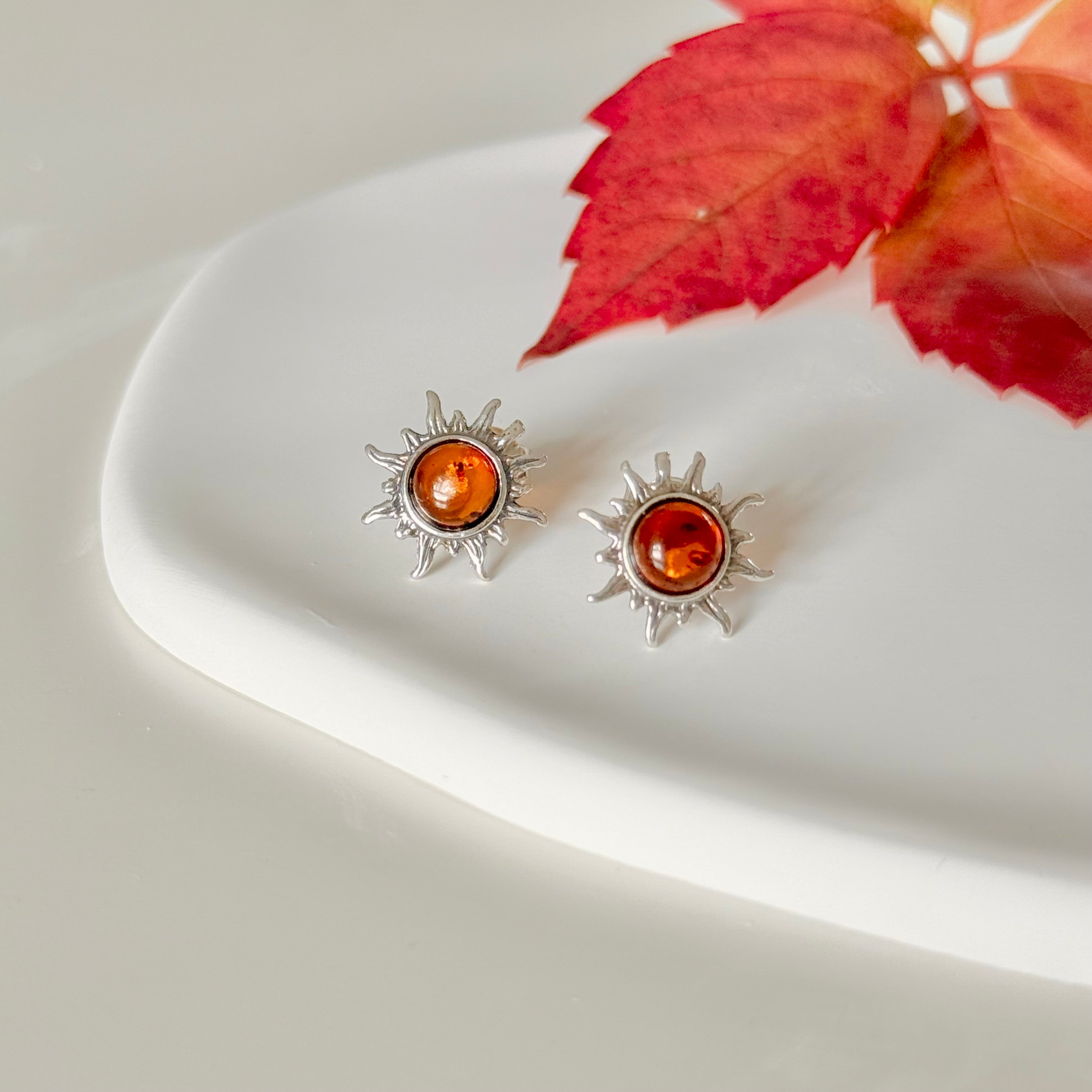 Baltic Amber Sun Design Stud Earrings in Oxidised Sterling Silver