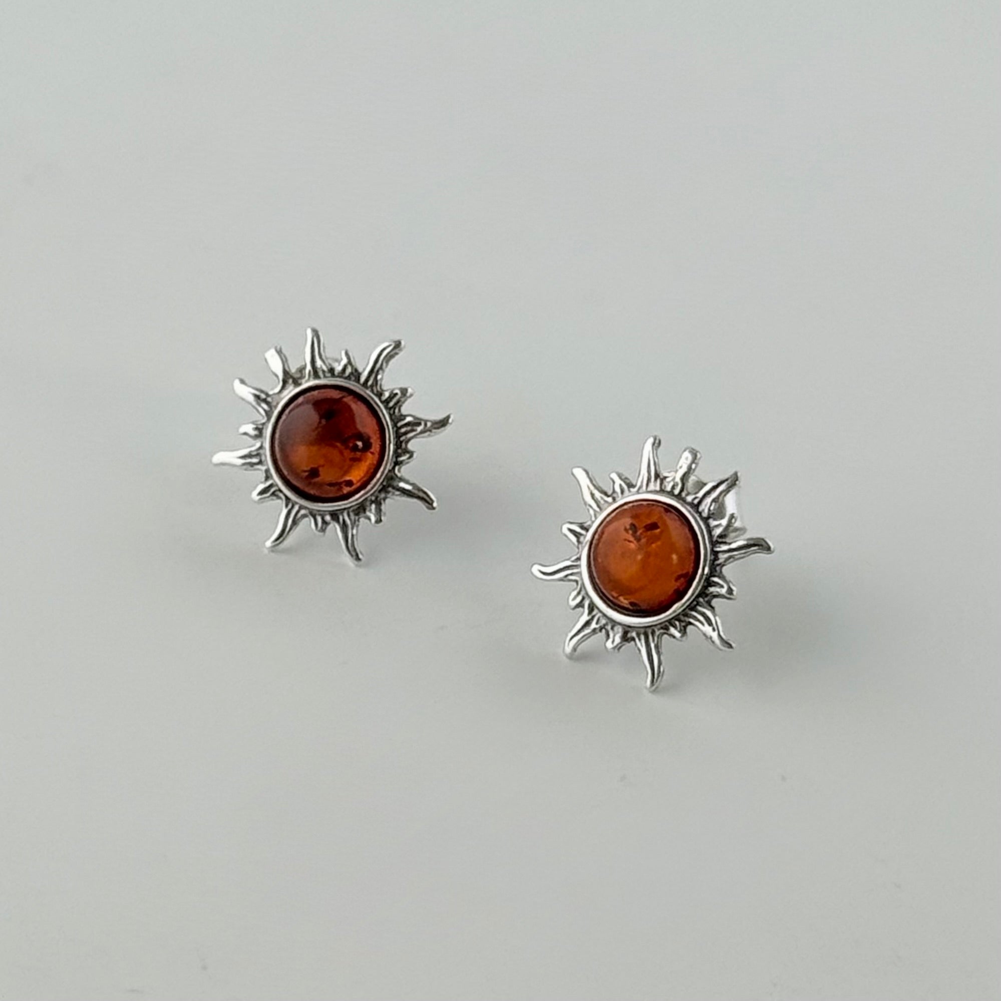 Baltic Amber Sun Design Stud Earrings in Oxidised Sterling Silver