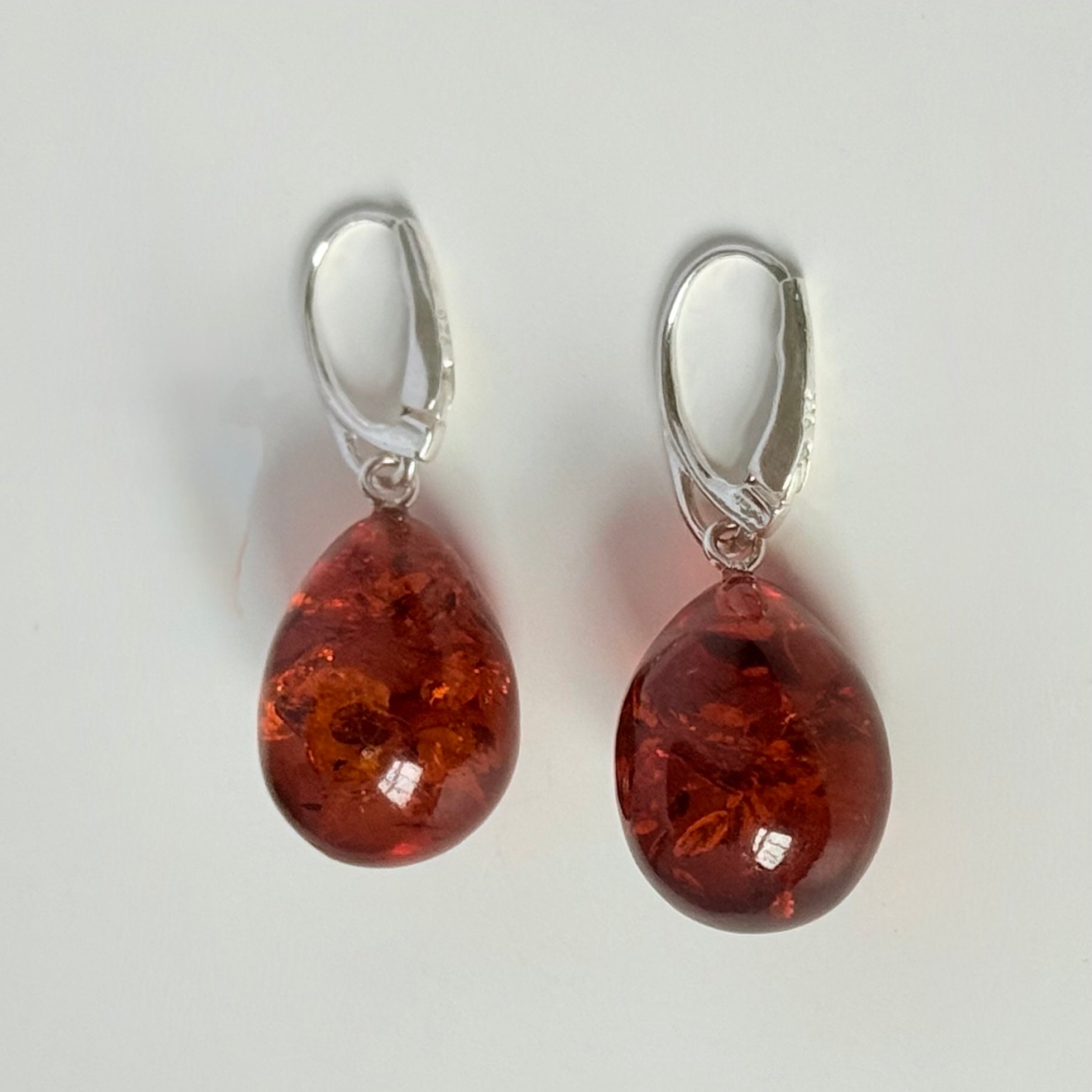 Deep Honey Coloured Baltic Amber Teardrop Shaped Earrings on Leverback Hooks