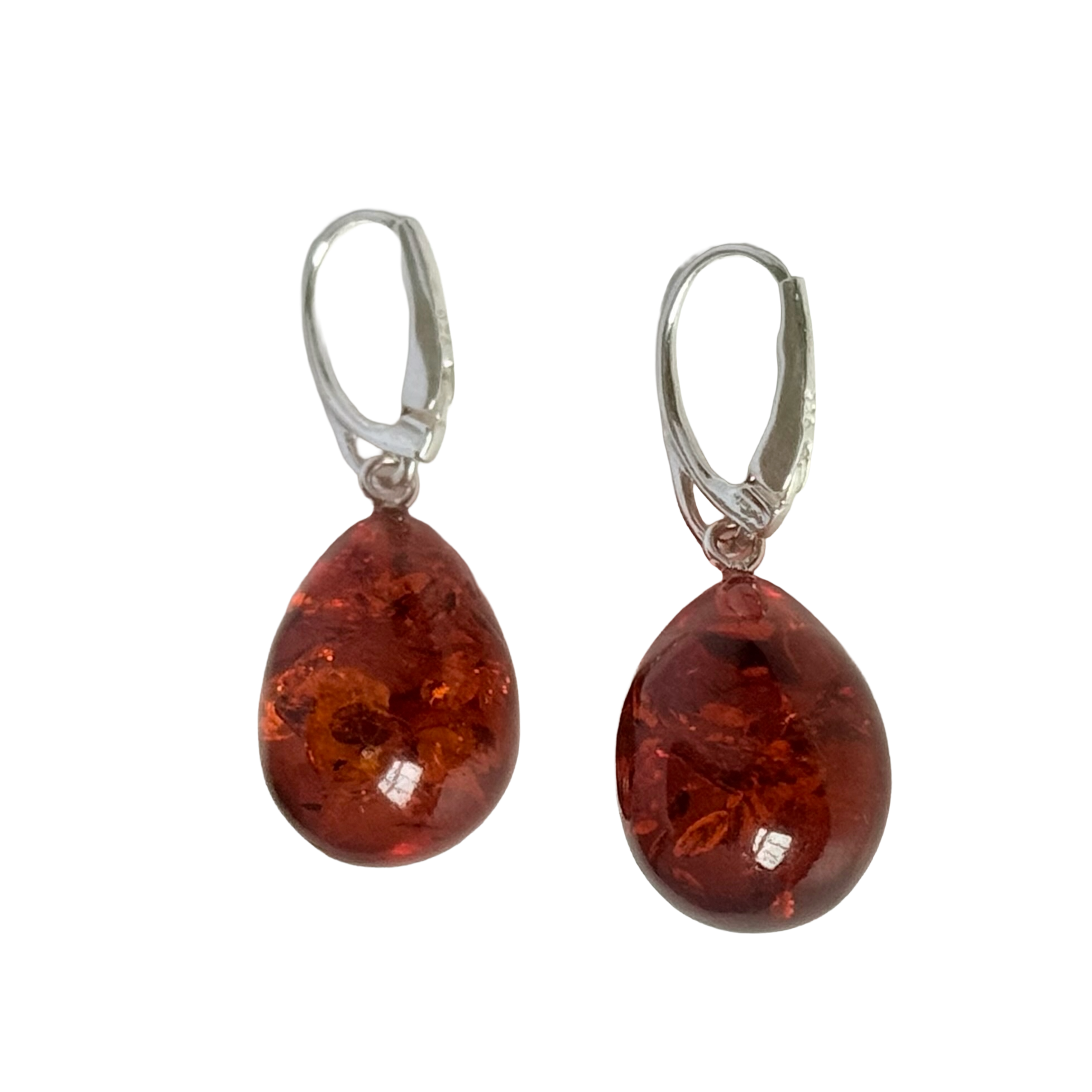 Deep Honey Coloured Baltic Amber Teardrop Shaped Earrings on Leverback Hooks