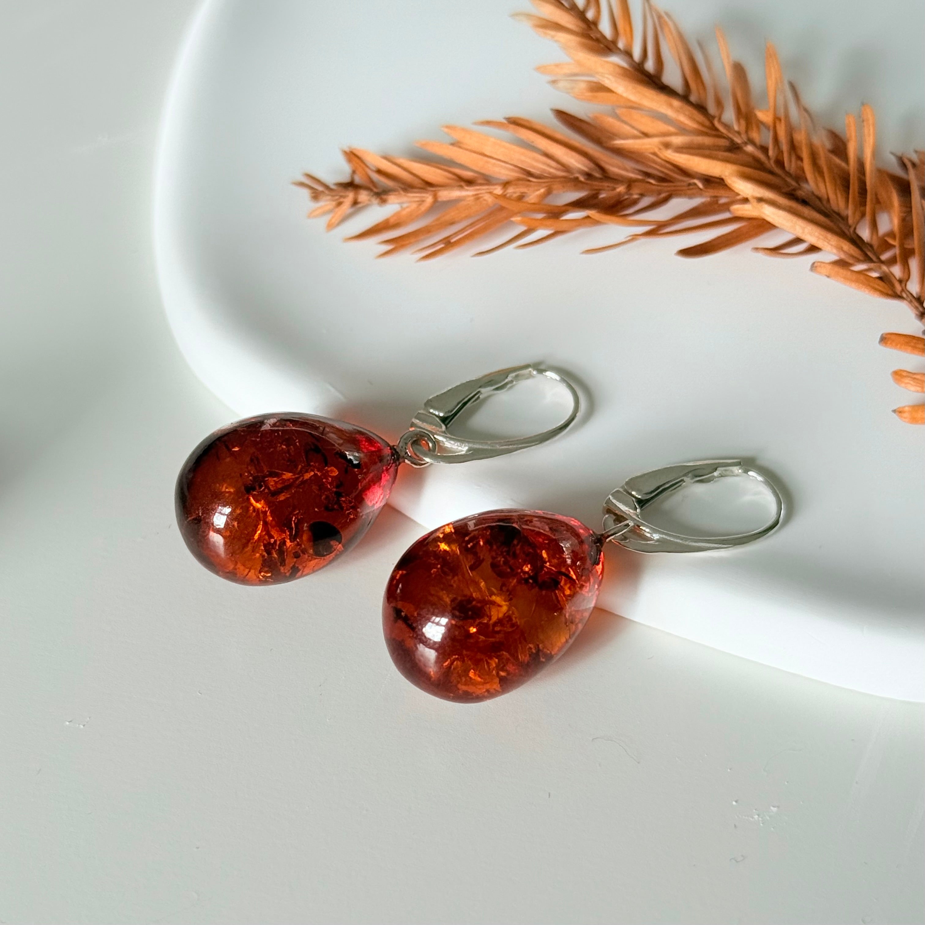 Deep Honey Coloured Baltic Amber Teardrop Shaped Earrings on Leverback Hooks